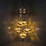 Amber Turkish mosaic chandelier illuminated, showing colorful light projection (ENV SLT5N3 (3064))