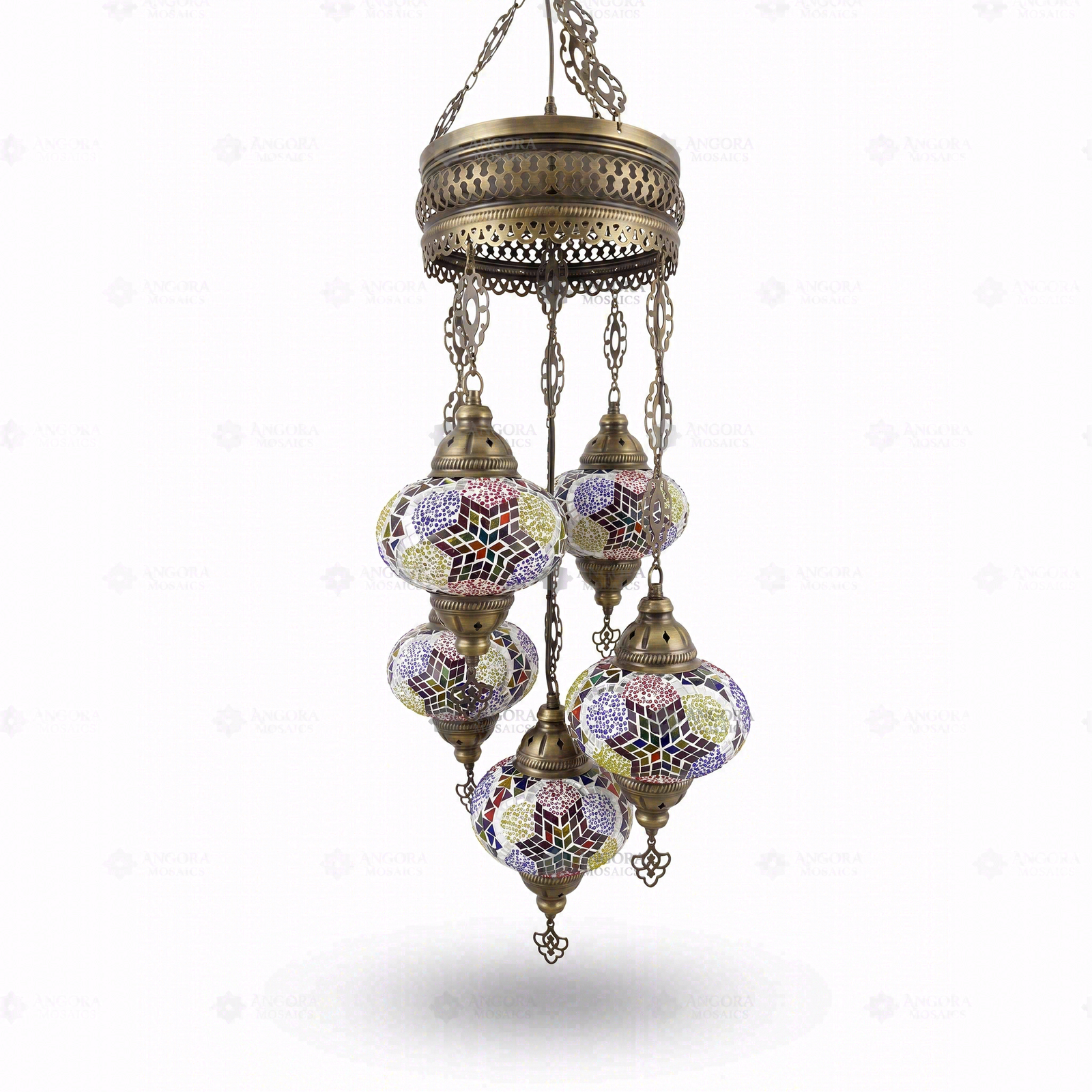 Full view of handmade Multicolor multicolor jewel Turkish mosaic chandelier on white background (ENV SLT5N3 (3093))