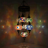Multicolor Turkish mosaic chandelier illuminated, showing colorful light projection (ENV SLT7N3 (01-03-06-18-21-34-91))