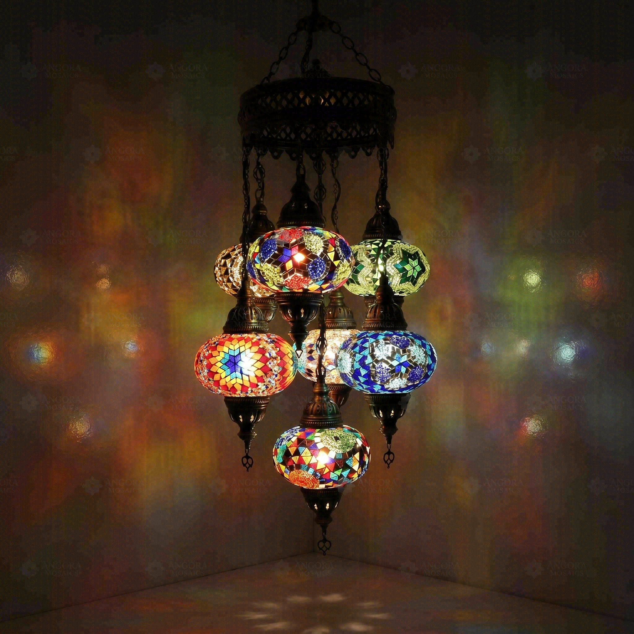 Multicolor Turkish mosaic chandelier illuminated, showing colorful light projection (ENV SLT7N3 (01-03-06-18-21-34-91))