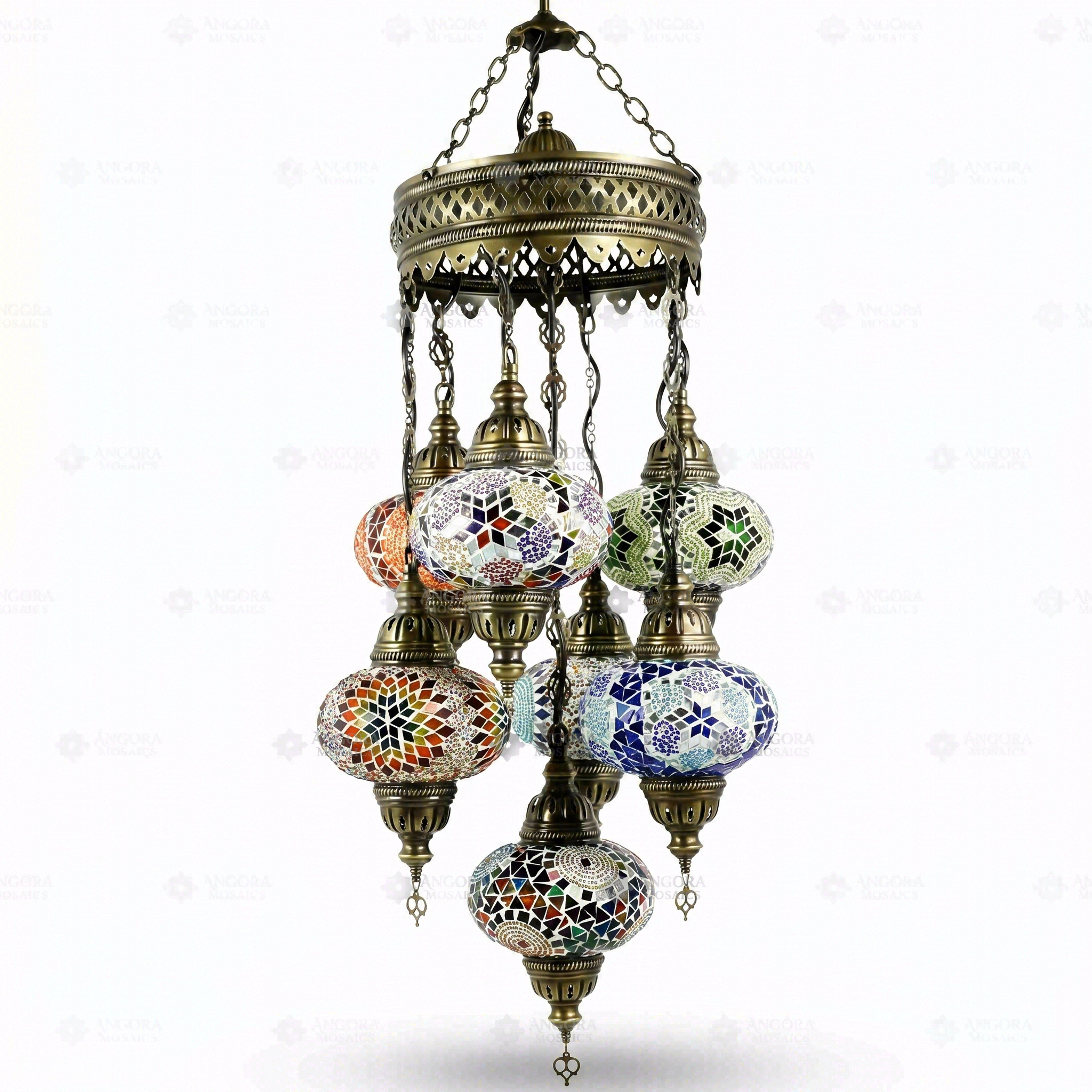 Full view of handmade Multicolor multicolor jewel Turkish mosaic chandelier on white background (ENV SLT7N3 (01-03-06-18-21-34-91))