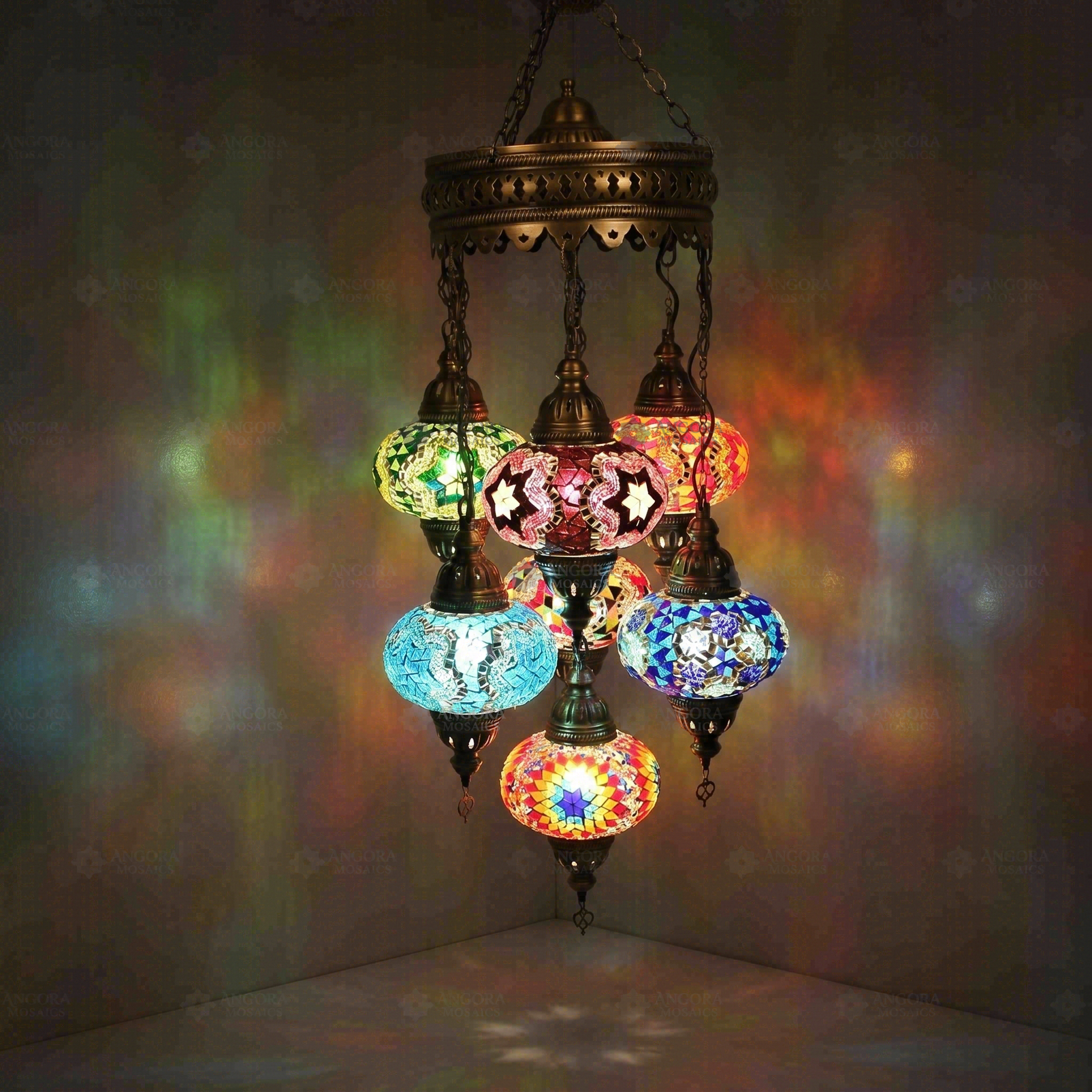 Multicolor Turkish mosaic chandelier illuminated, showing colorful light projection (ENV SLT7N3 (01-03-07-16-18-19-34))