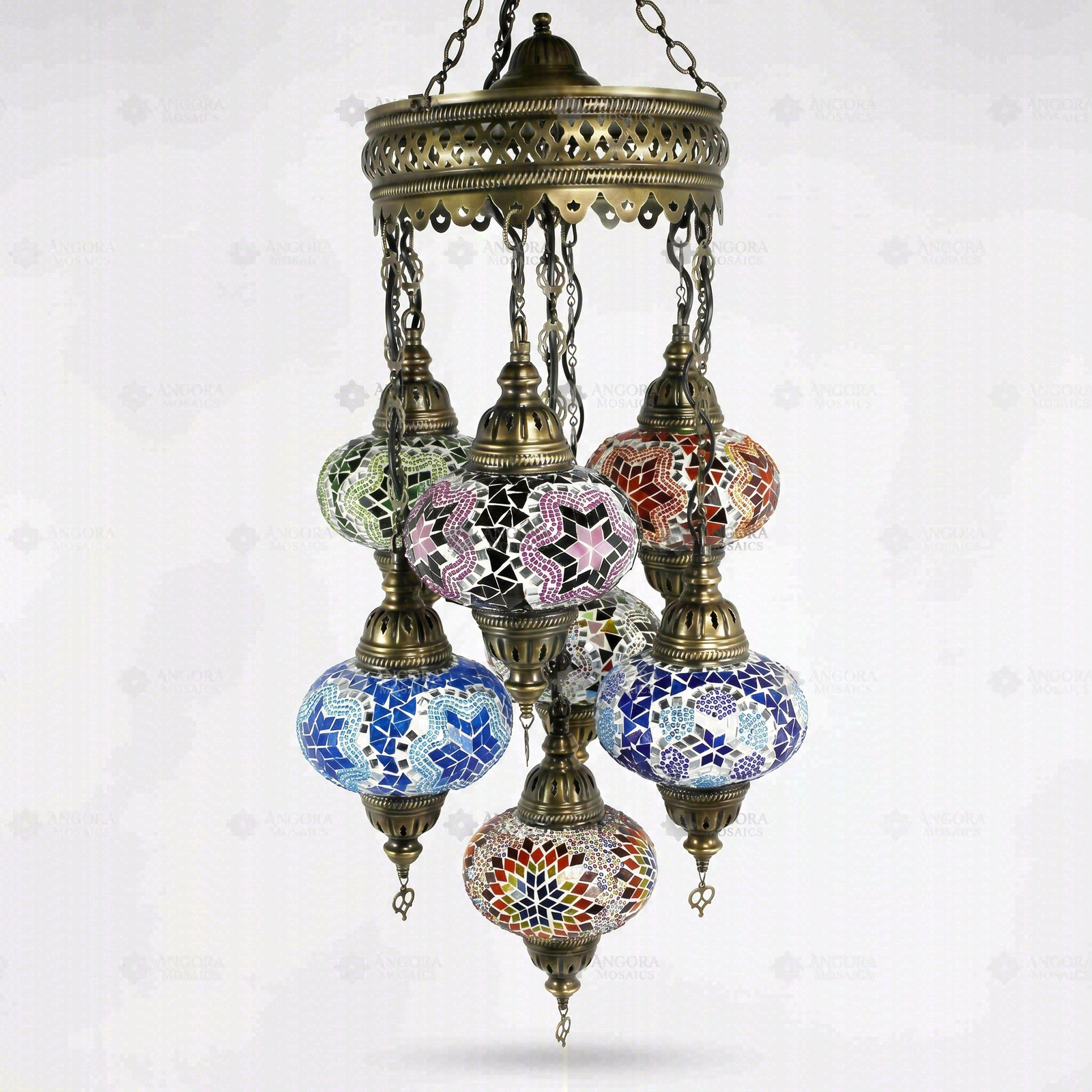 Full view of handmade Multicolor multicolor jewel Turkish mosaic chandelier on white background (ENV SLT7N3 (01-03-07-16-18-19-34))