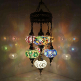 Multicolor Turkish mosaic chandelier illuminated, showing colorful light projection (ENV SLT7N3 (01-03-15-17-19-34-74))