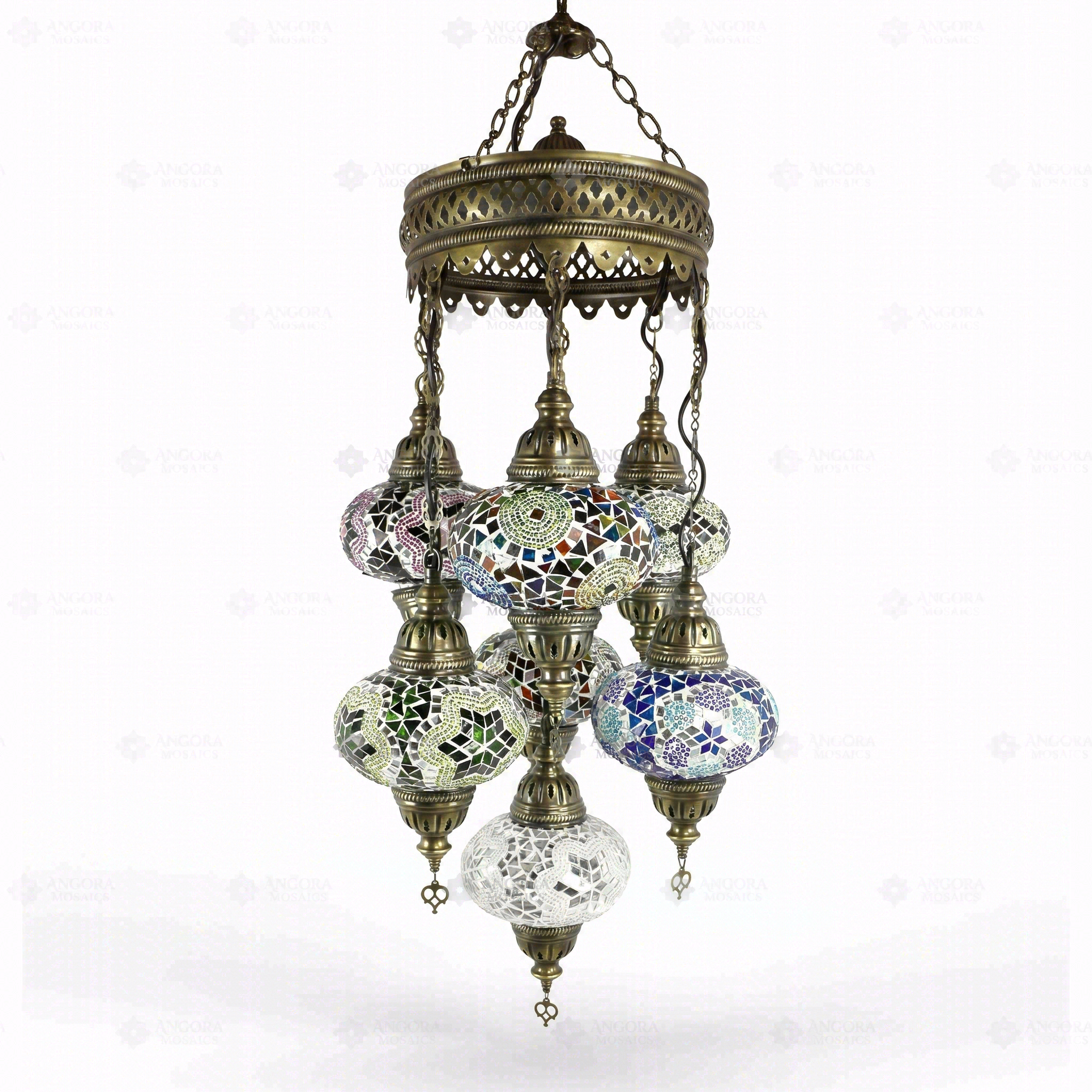 Full view of handmade Multicolor multicolor jewel Turkish mosaic chandelier on white background (ENV SLT7N3 (01-03-15-17-19-34-74))