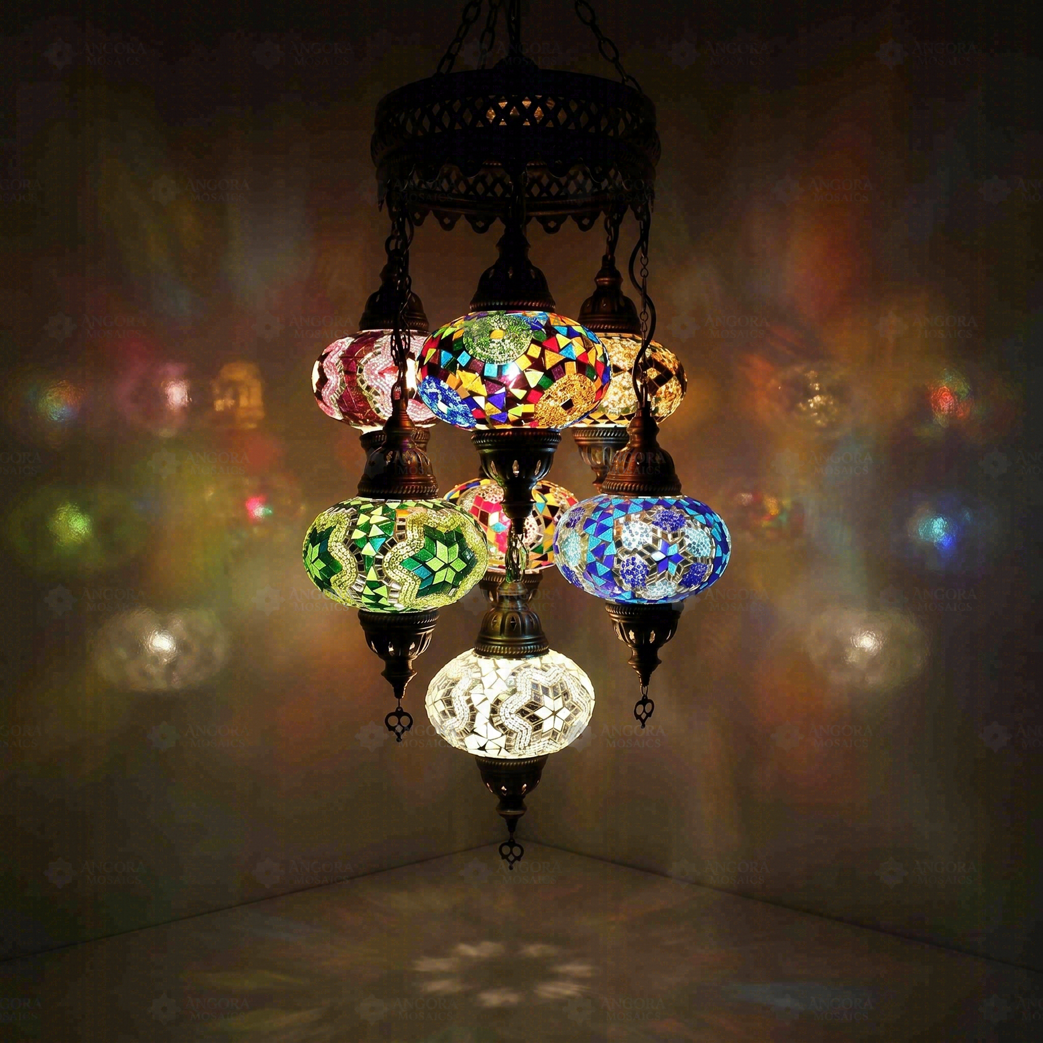 Multicolor Turkish mosaic chandelier illuminated, showing colorful light projection (ENV SLT7N3 (01-03-15-17-19-34-92))
