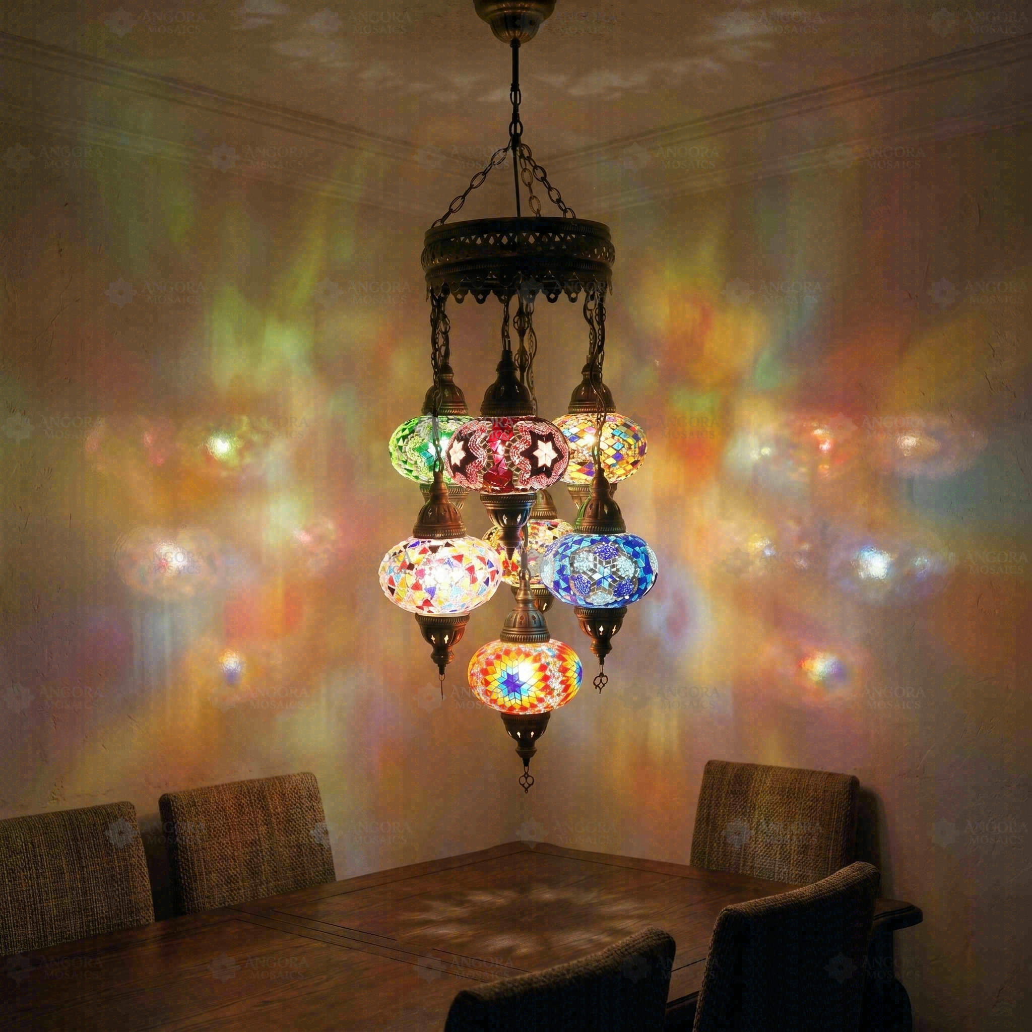 Multicolor multicolor jewel Turkish mosaic chandelier in styled room — handmade Moroccan chandelier (ENV SLT7N3 (02-03-07-18-19-34-46))