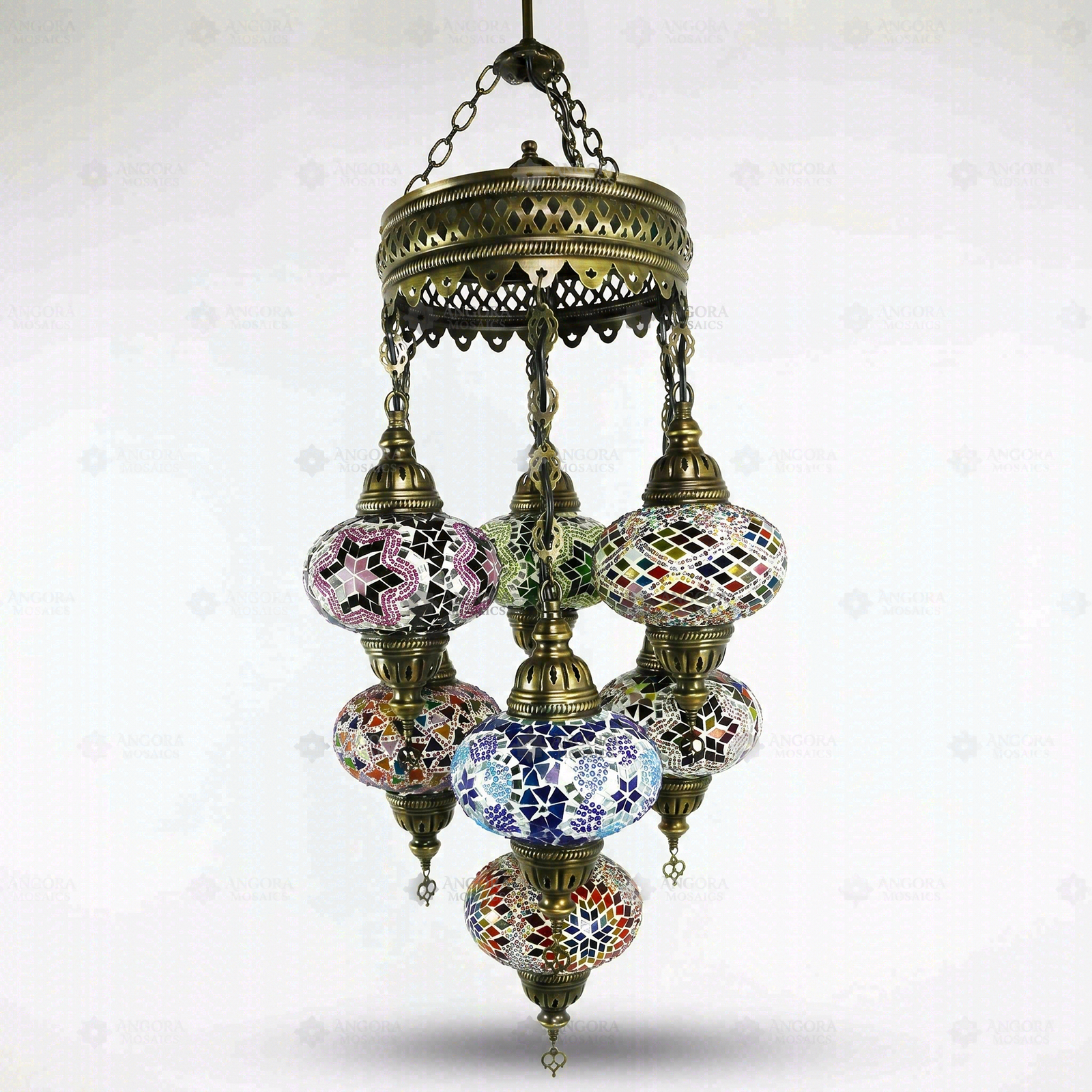 Full view of handmade Multicolor multicolor jewel Turkish mosaic chandelier on white background (ENV SLT7N3 (02-03-07-18-19-34-46))