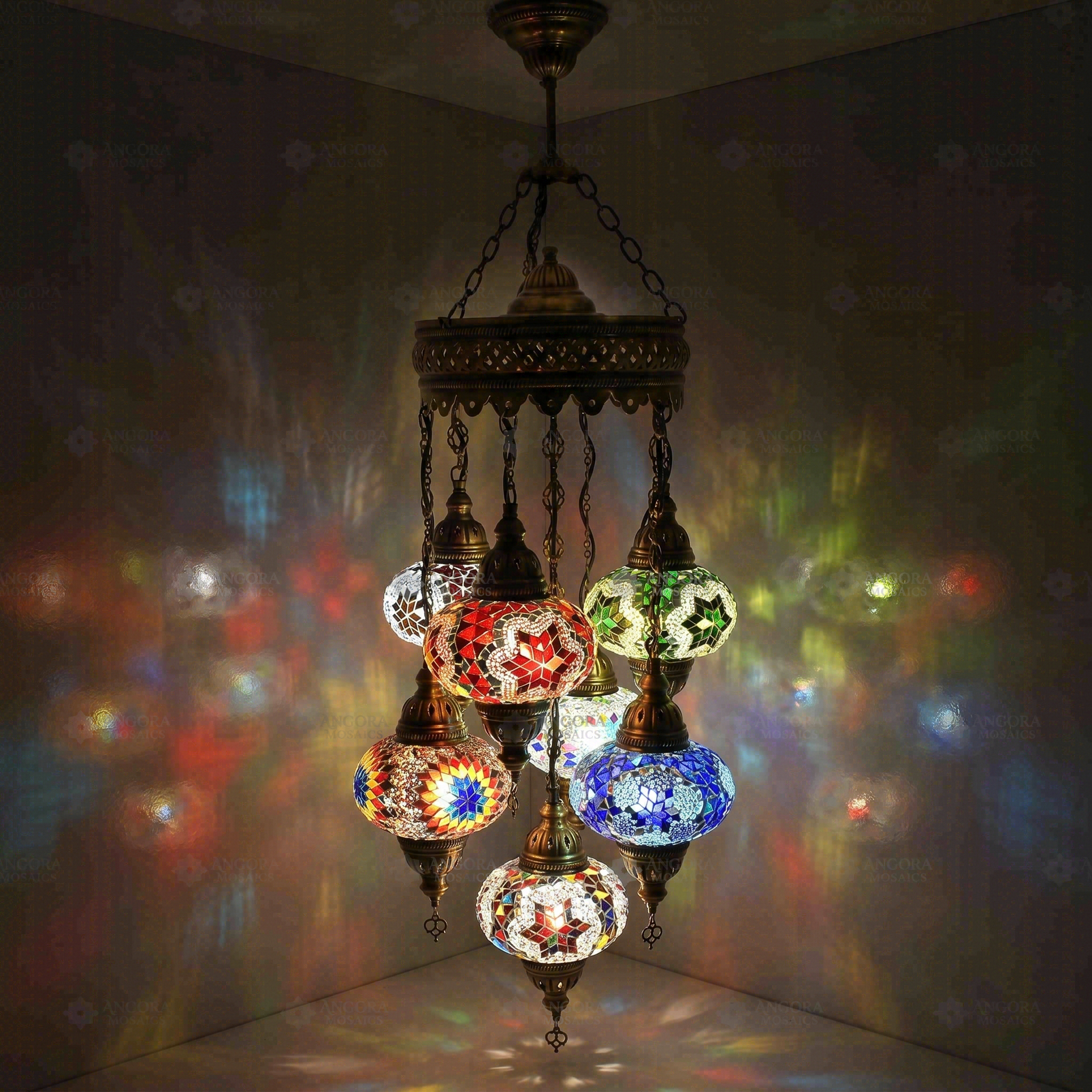 Multicolor Turkish mosaic chandelier illuminated, showing colorful light projection (ENV SLT7N3 (03-06-11-17-18-34-67))