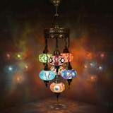 Multicolor Turkish mosaic chandelier illuminated, showing colorful light projection (ENV SLT7N3 (03-11-16-17-18-19-34))