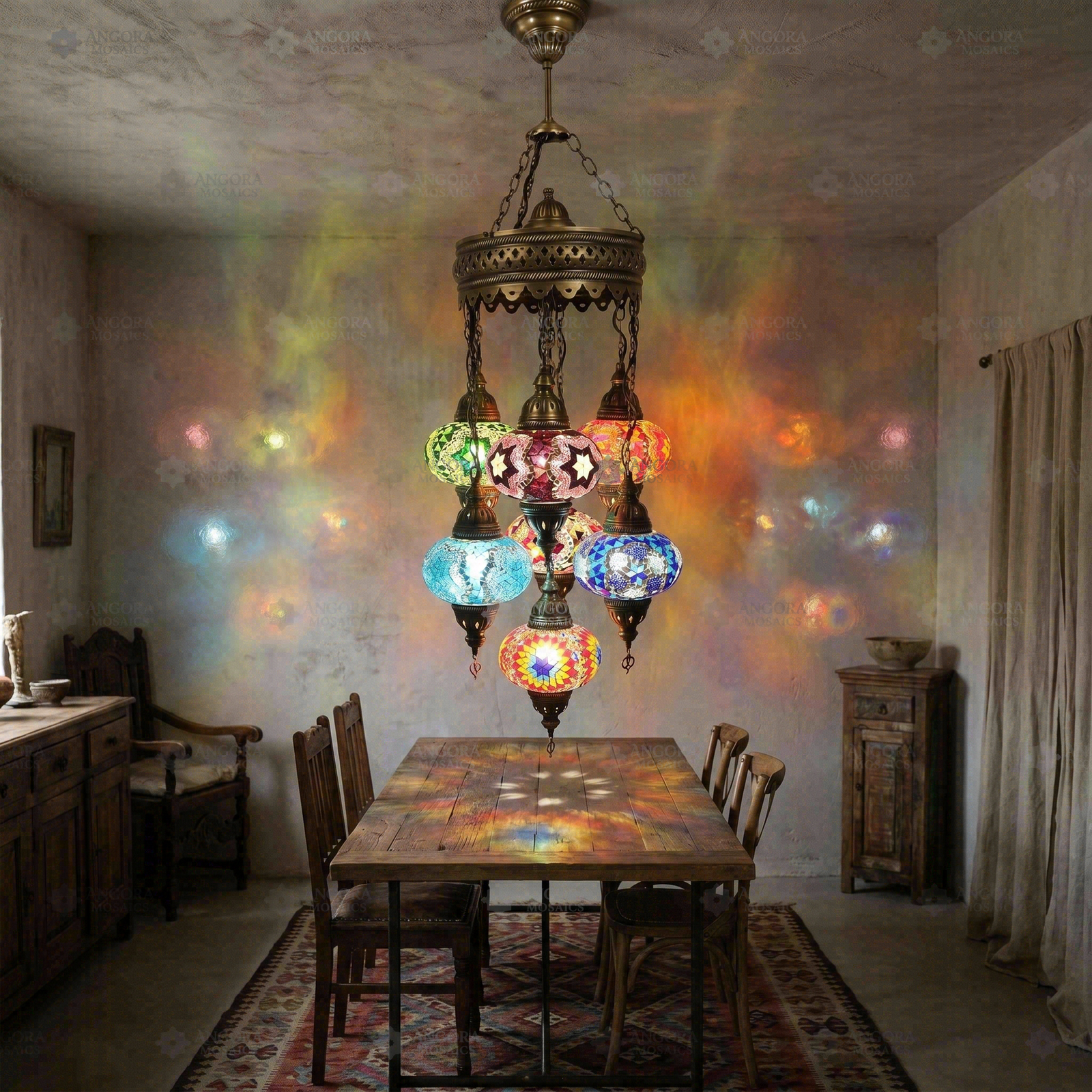 Multicolor multicolor jewel Turkish mosaic chandelier in styled room — handmade Moroccan chandelier (ENV SLT7N3 (03-11-16-17-18-19-34))