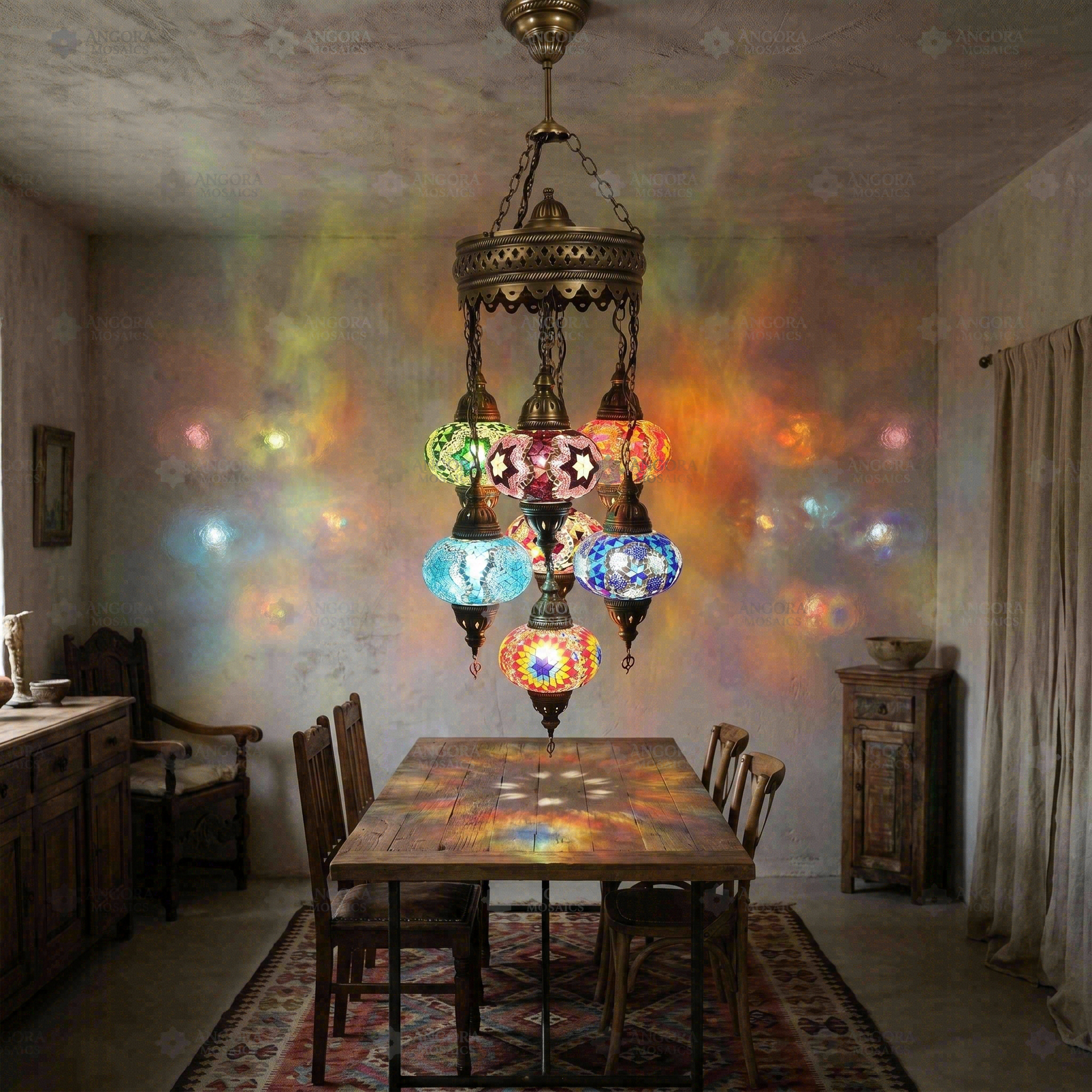 Multicolor multicolor jewel Turkish mosaic chandelier in styled room — handmade Moroccan chandelier (ENV SLT7N3 (03-11-16-17-18-19-34))