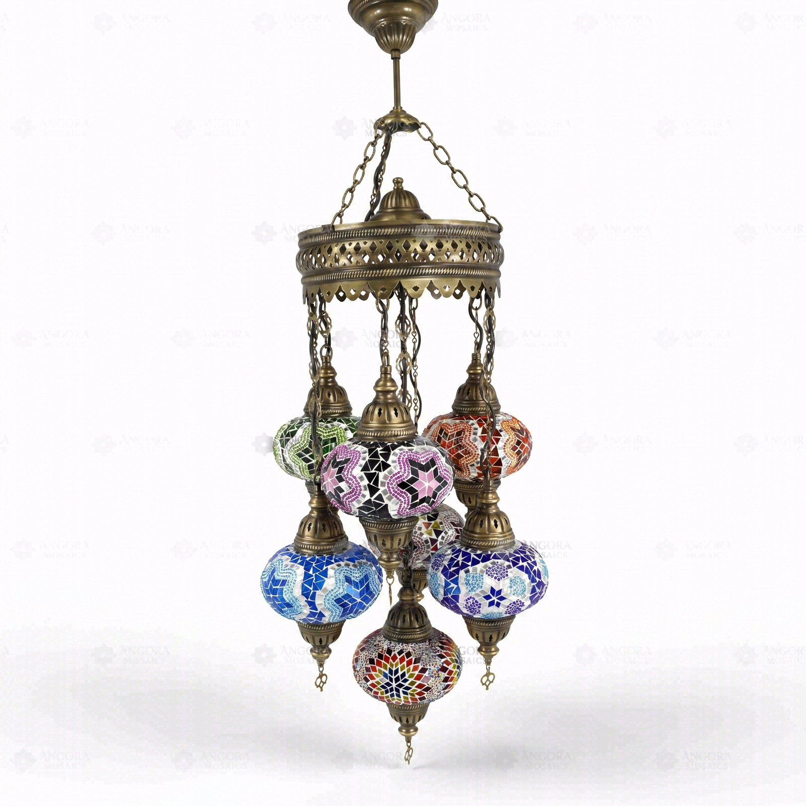 Full view of handmade Multicolor multicolor jewel Turkish mosaic chandelier on white background (ENV SLT7N3 (03-11-16-17-18-19-34))