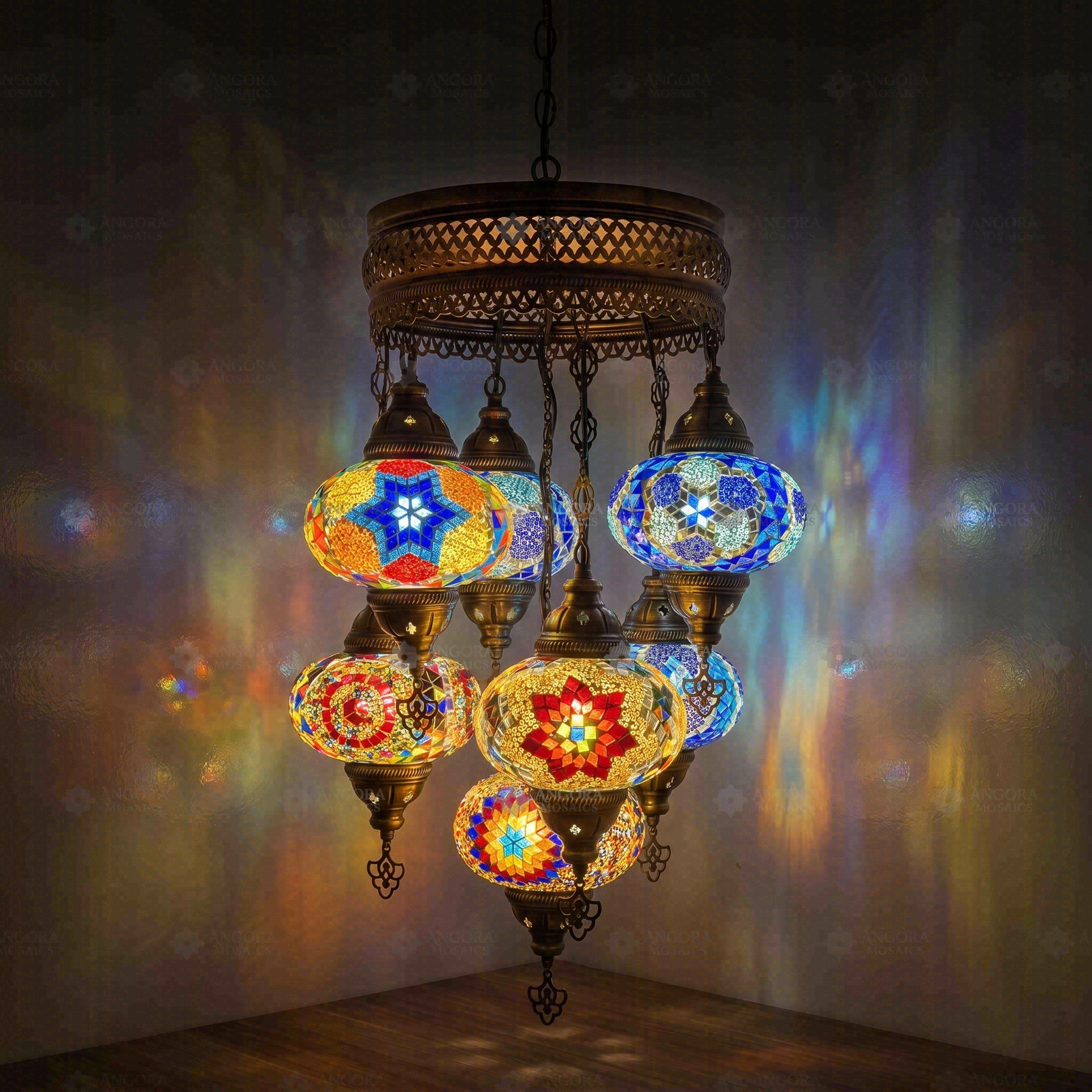 Multicolor Turkish mosaic chandelier illuminated, showing colorful light projection (ENV SLT7N3 (07-18-21-32-40-53-61))
