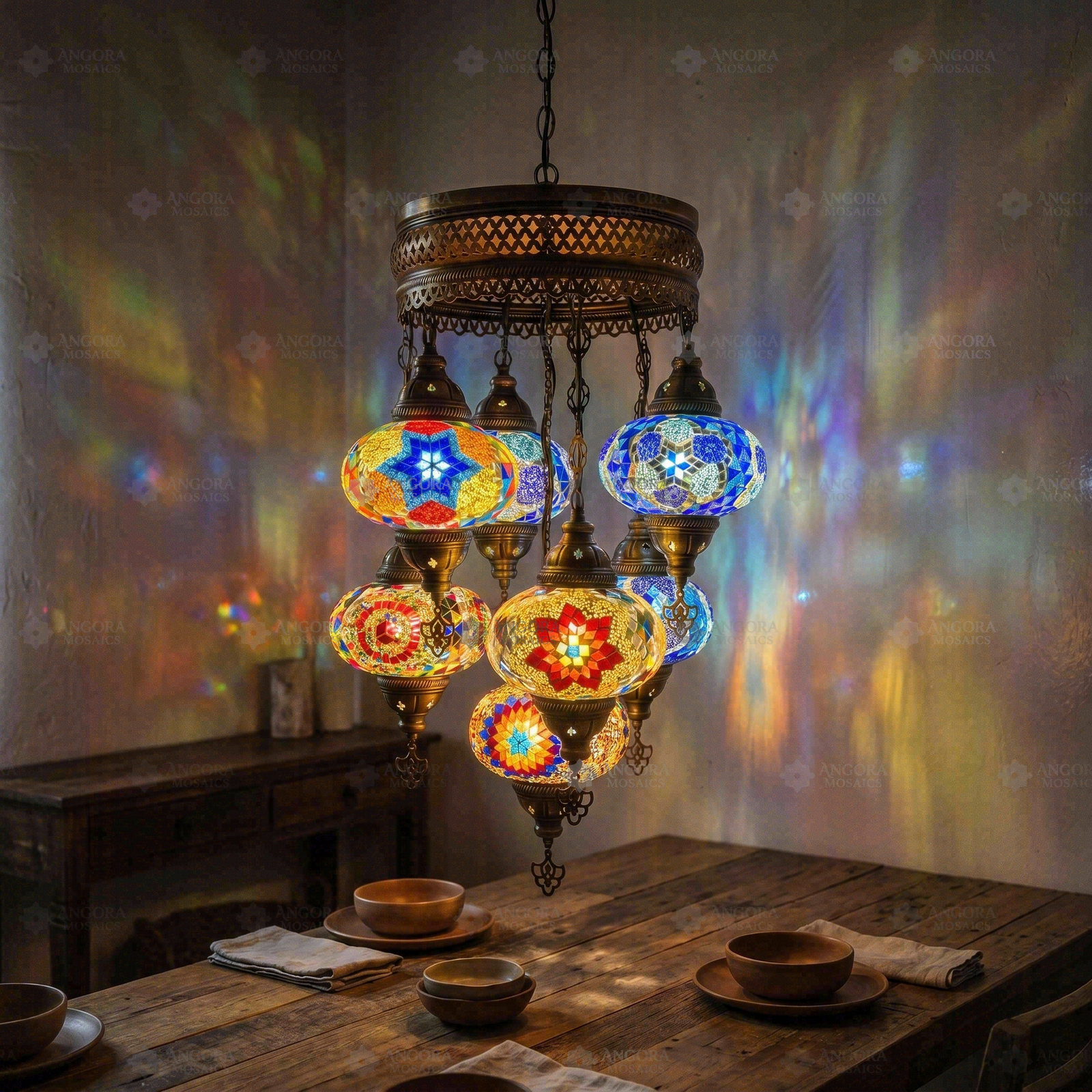 Multicolor multicolor jewel Turkish mosaic chandelier in styled room — handmade Moroccan chandelier (ENV SLT7N3 (07-18-21-32-40-53-61))