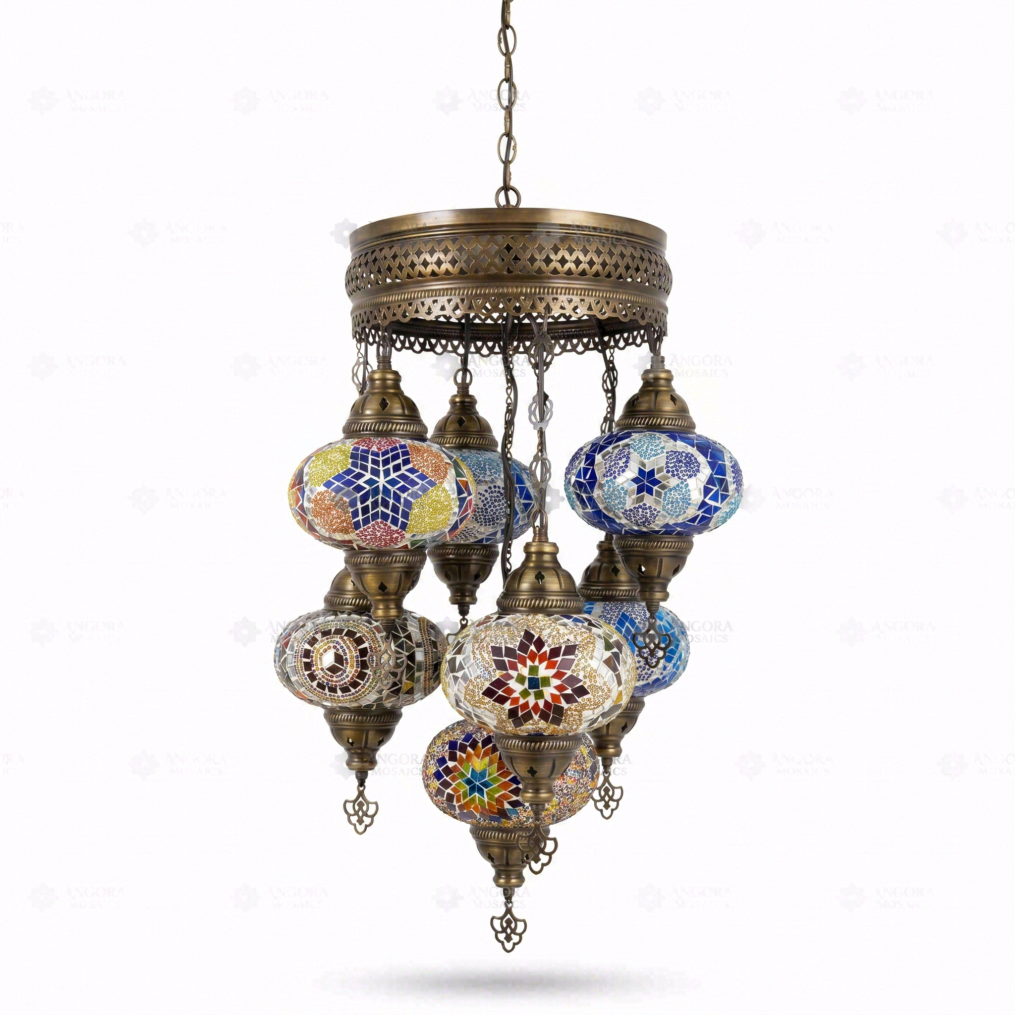 Full view of handmade Multicolor multicolor jewel Turkish mosaic chandelier on white background (ENV SLT7N3 (07-18-21-32-40-53-61))