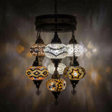 Warm Tones Turkish mosaic chandelier illuminated, showing colorful light projection (ENV SLT7N3 (12-13-36-43-64-88-89))