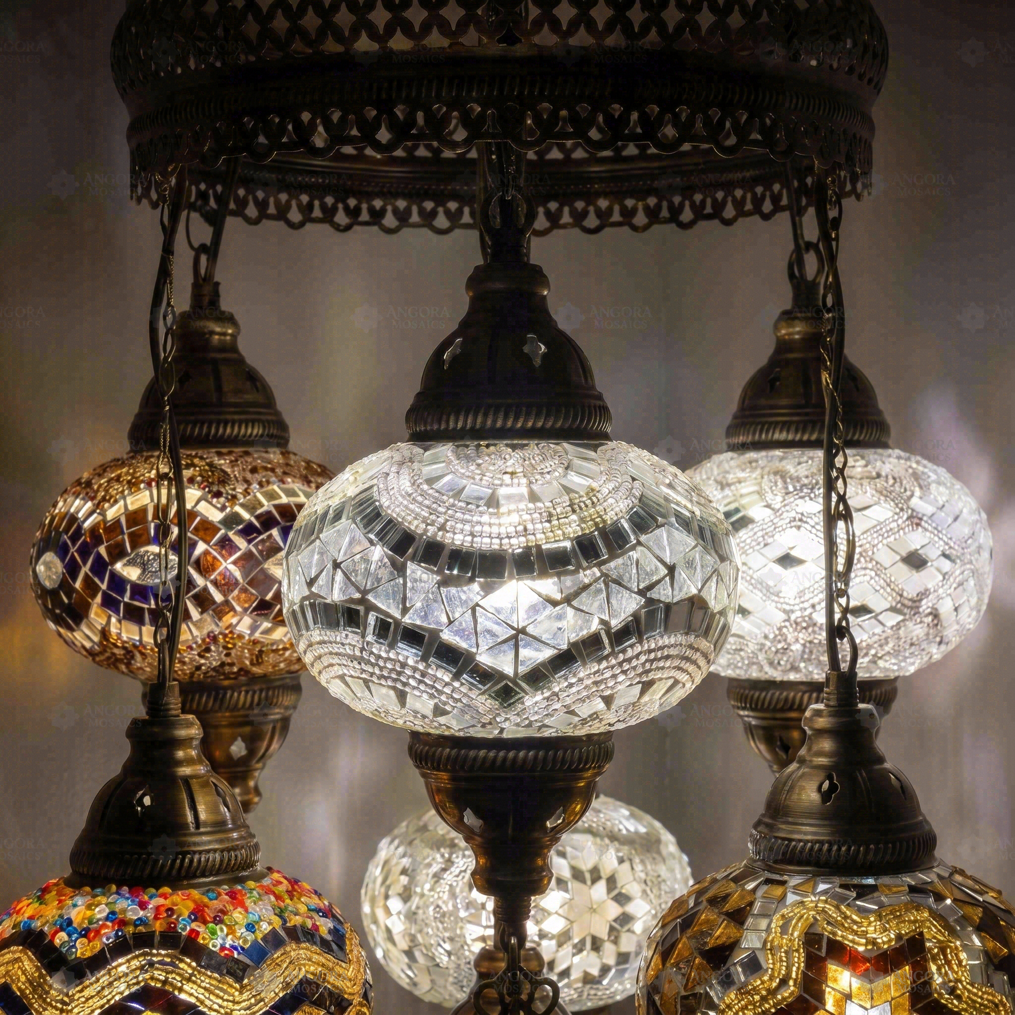 Lit close-up of mosaic glass globe — Warm Tones chandelier glowing (ENV SLT7N3 (12-13-36-43-64-88-89))