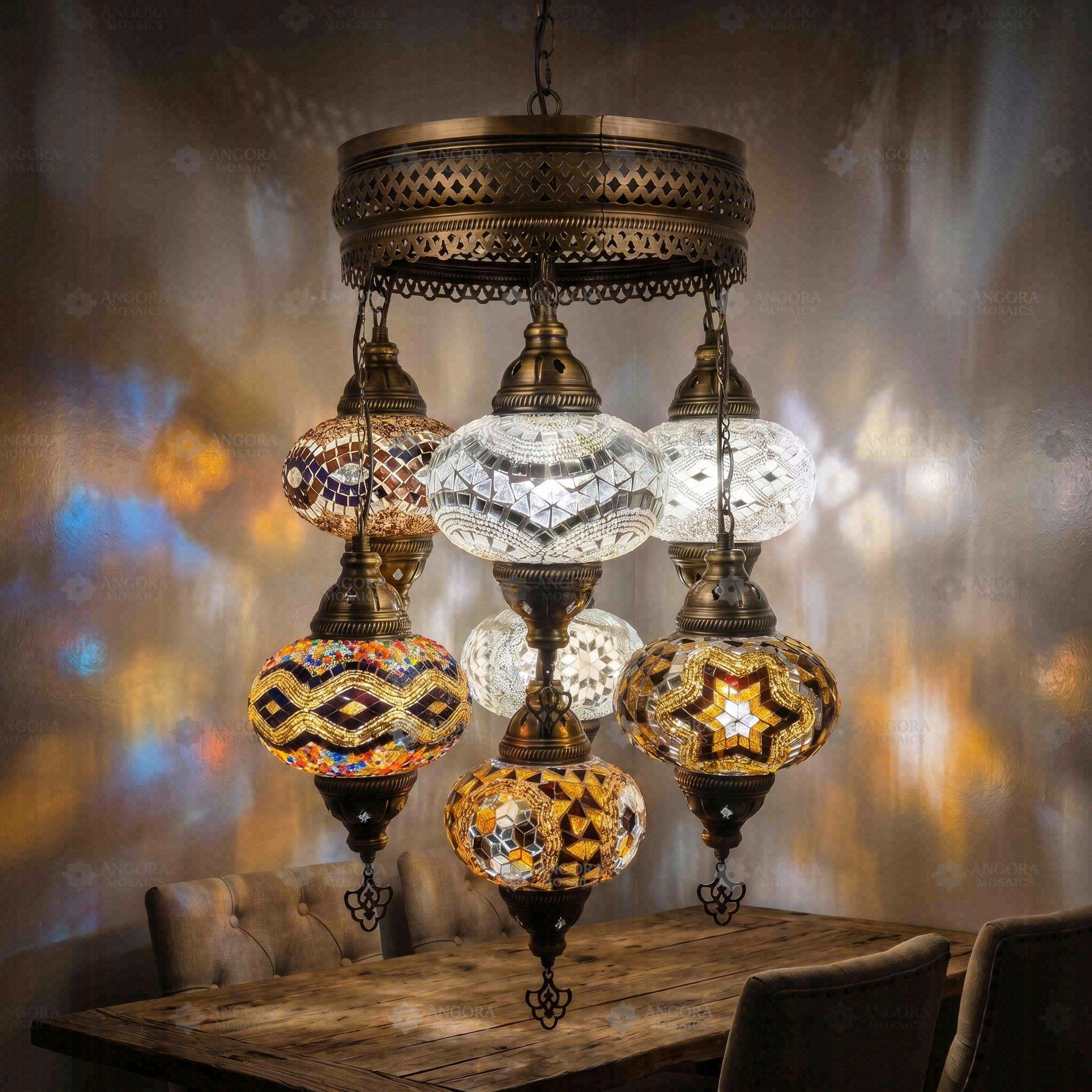 Warm Tones mixed warm Turkish mosaic chandelier in styled room — handmade Moroccan chandelier (ENV SLT7N3 (12-13-36-43-64-88-89))