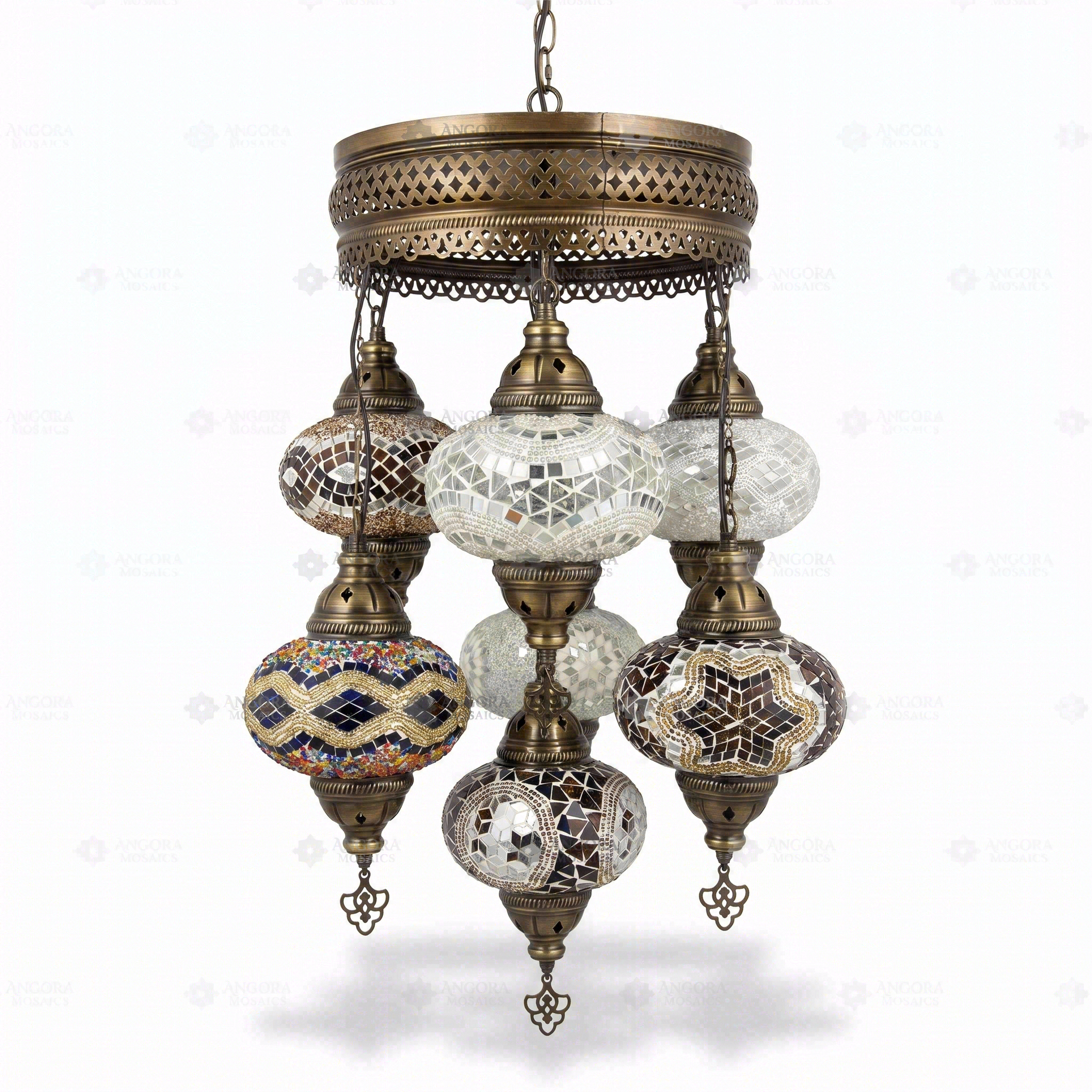 Full view of handmade Warm Tones mixed warm Turkish mosaic chandelier on white background (ENV SLT7N3 (12-13-36-43-64-88-89))