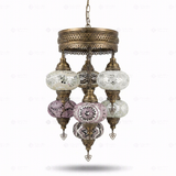 Full view of handmade Cool Tones mixed cool Turkish mosaic chandelier on white background (ENV SLT7N3 (12-19-20-36-41-43-64))