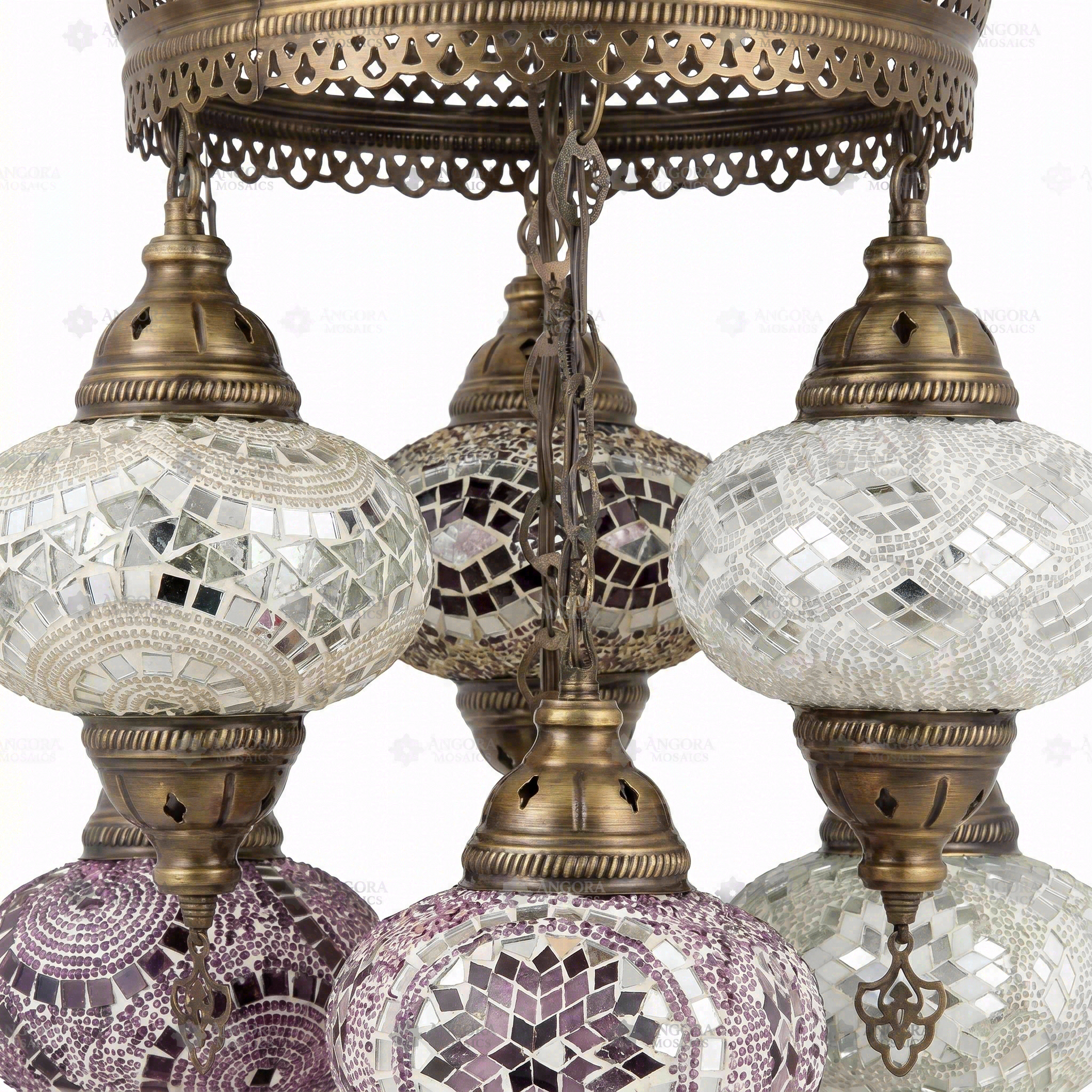 Close-up of Cool Tones mixed cool mosaic glass globe pattern — chandelier (ENV SLT7N3 (12-19-20-36-41-43-64))