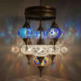 Cool Tones Turkish mosaic chandelier illuminated, showing colorful light projection (ENV SLT7N3 (12-32-36-40-43-53-61))