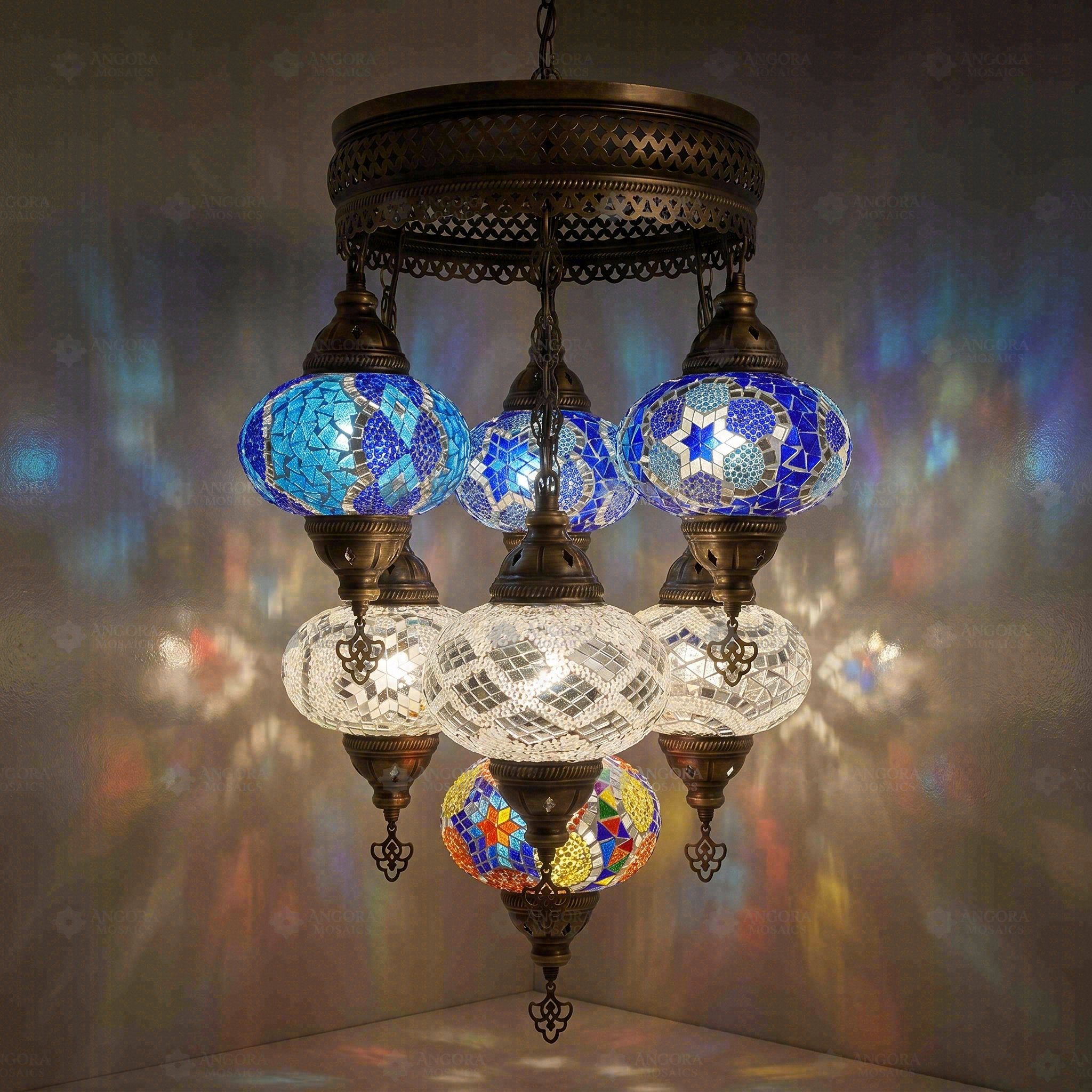 Cool Tones Turkish mosaic chandelier illuminated, showing colorful light projection (ENV SLT7N3 (12-32-36-40-43-53-61))