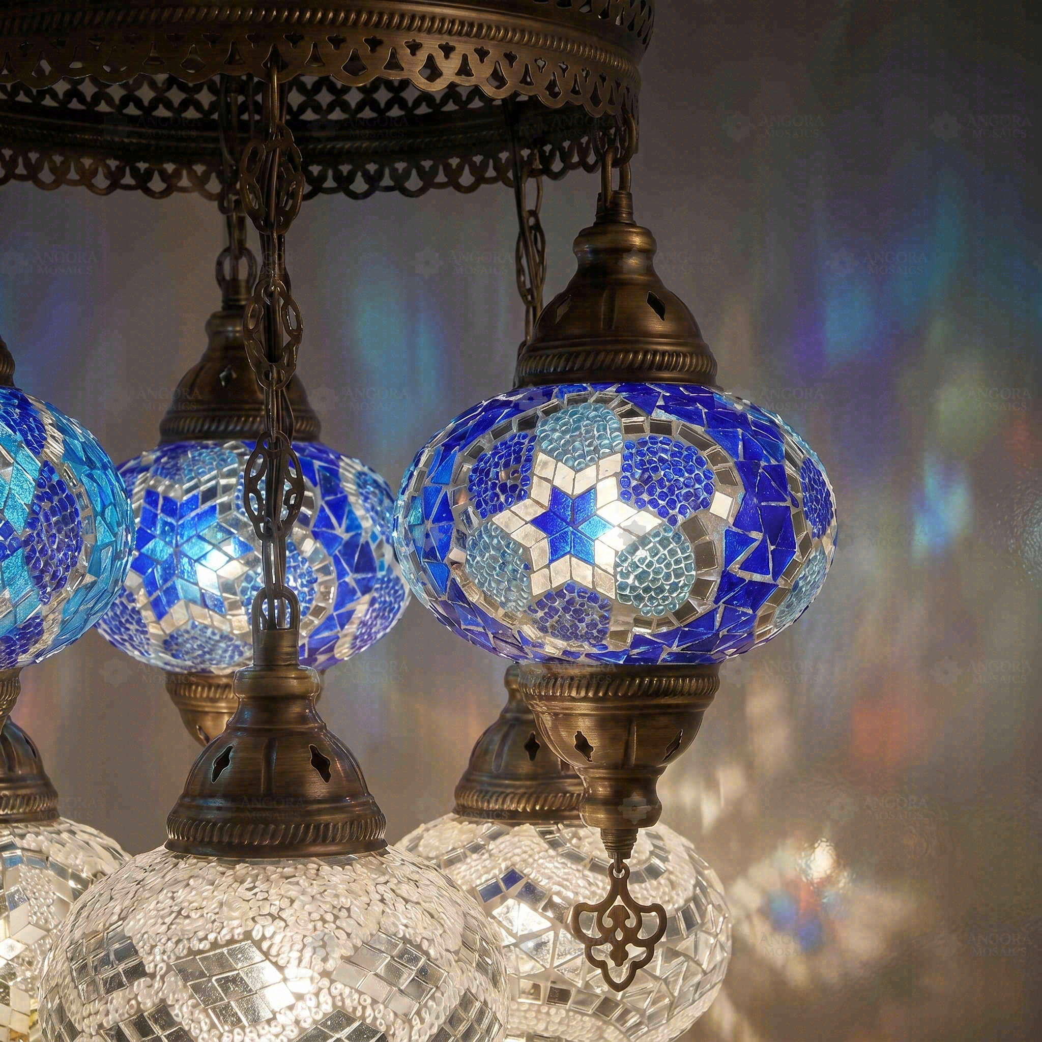 Lit close-up of mosaic glass globe — Cool Tones chandelier glowing (ENV SLT7N3 (12-32-36-40-43-53-61))