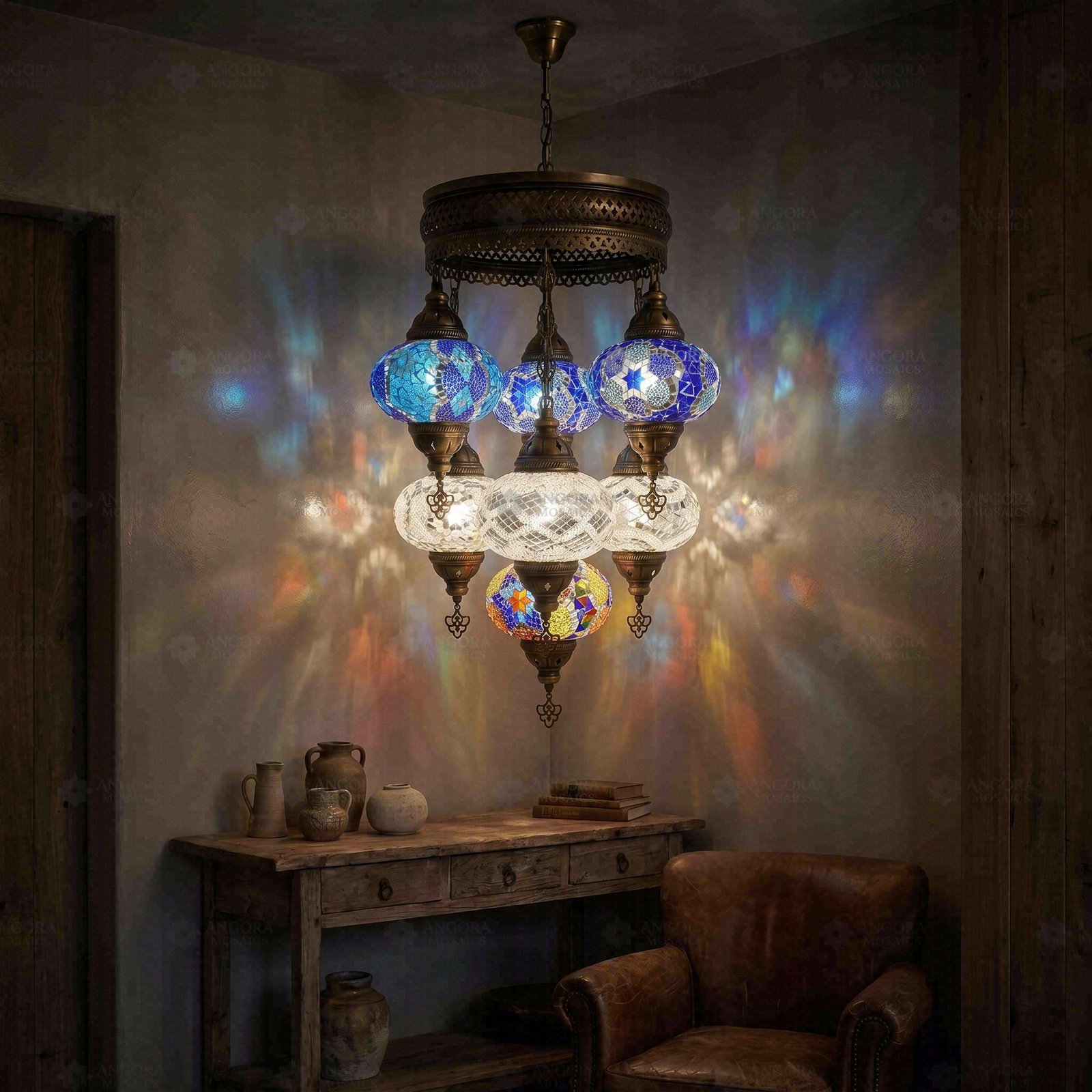 Cool Tones mixed cool Turkish mosaic chandelier in styled room — handmade Moroccan chandelier (ENV SLT7N3 (12-32-36-40-43-53-61))