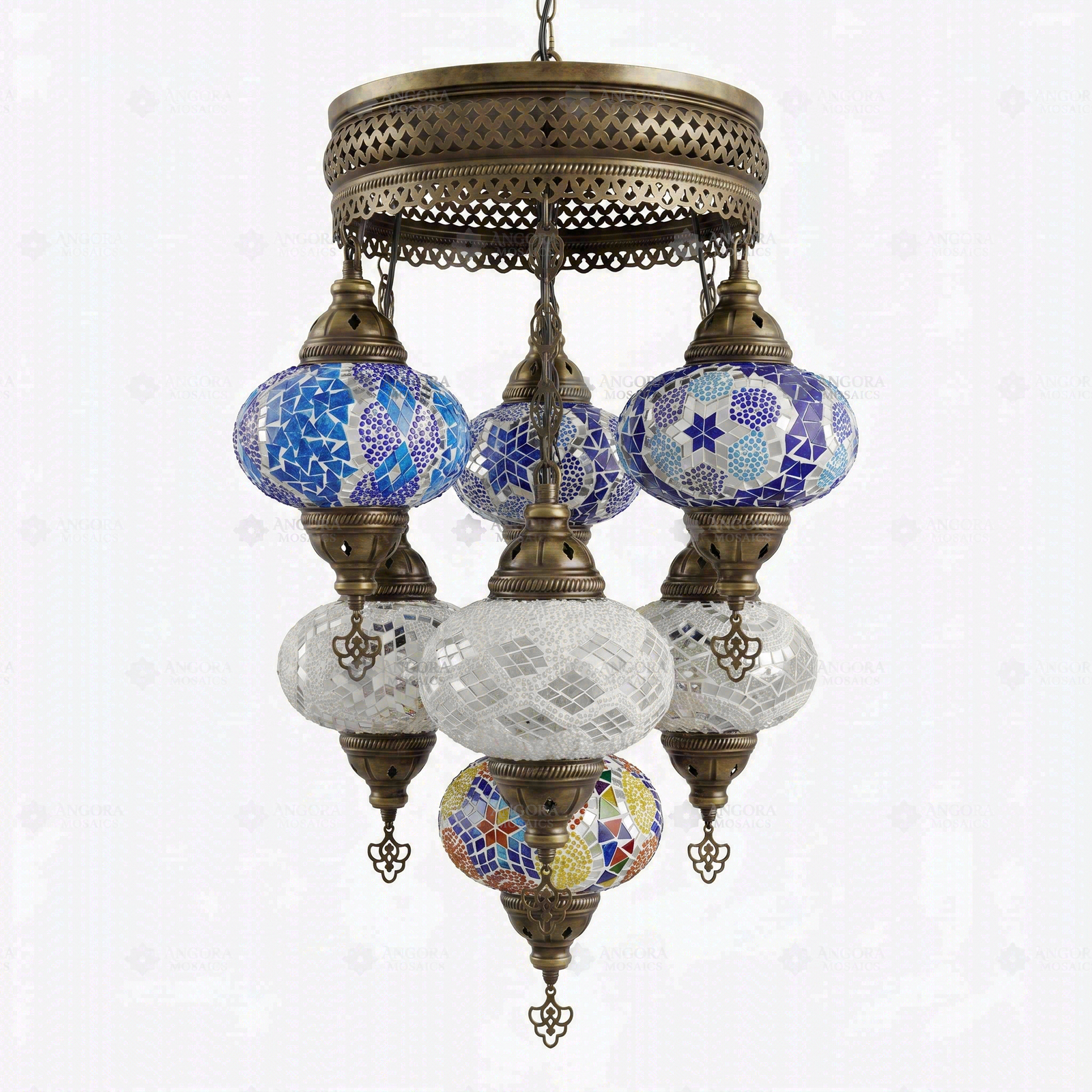 Full view of handmade Cool Tones mixed cool Turkish mosaic chandelier on white background (ENV SLT7N3 (12-32-36-40-43-53-61))