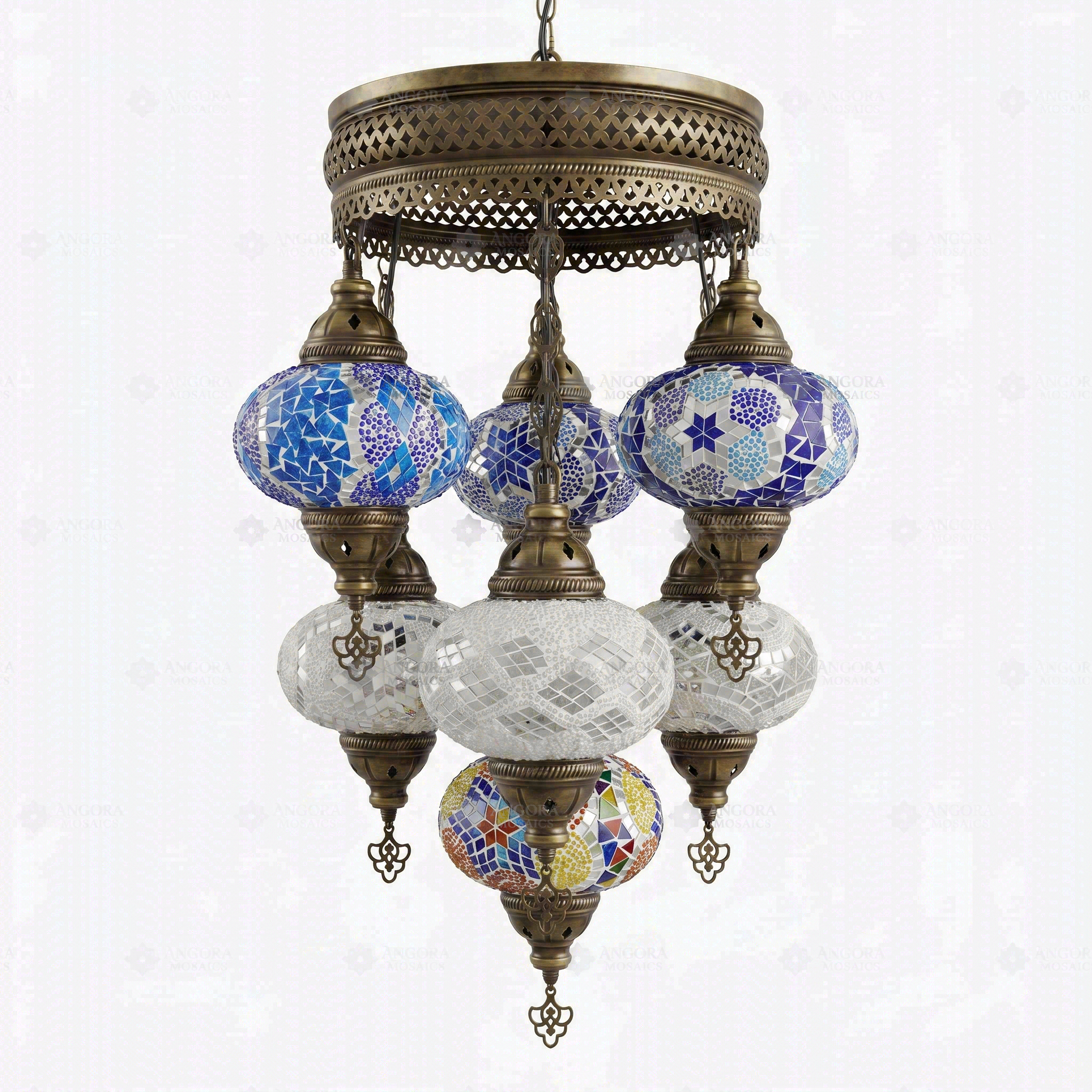 Full view of handmade Cool Tones mixed cool Turkish mosaic chandelier on white background (ENV SLT7N3 (12-32-36-40-43-53-61))