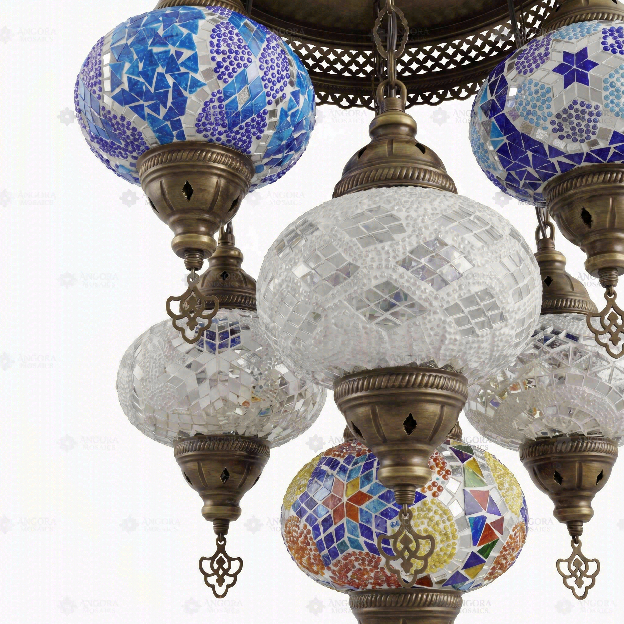 Close-up of Cool Tones mixed cool mosaic glass globe pattern — chandelier (ENV SLT7N3 (12-32-36-40-43-53-61))
