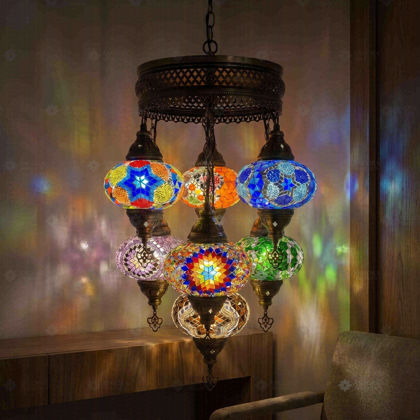 Multicolor multicolor jewel Turkish mosaic chandelier in styled room — handmade Moroccan chandelier (ENV SLT7N3 (18-20-23-40-61-88-100))