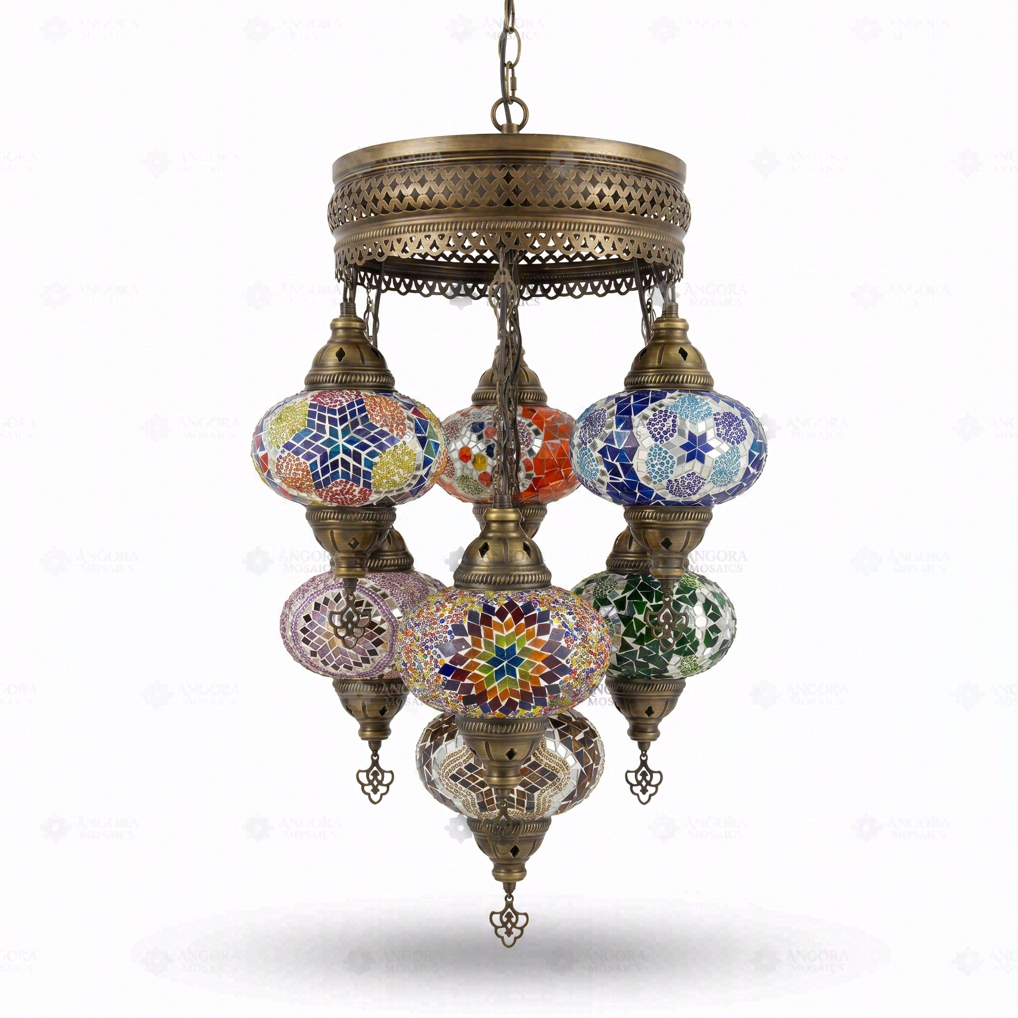 Full view of handmade Multicolor multicolor jewel Turkish mosaic chandelier on white background (ENV SLT7N3 (18-20-23-40-61-88-100))