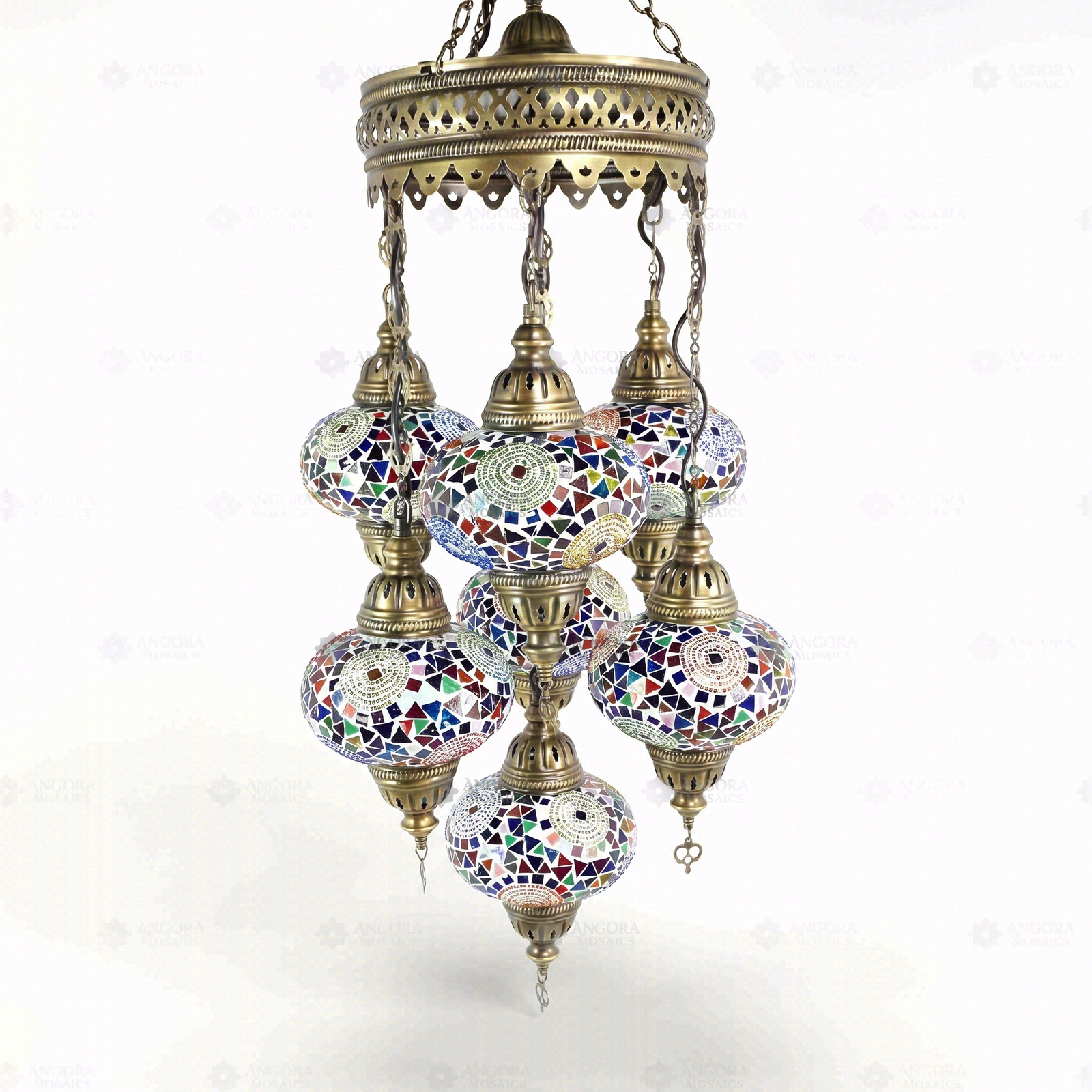 Full view of handmade Multicolor multicolor jewel Turkish mosaic chandelier on white background (ENV SLT7N3 (3001))