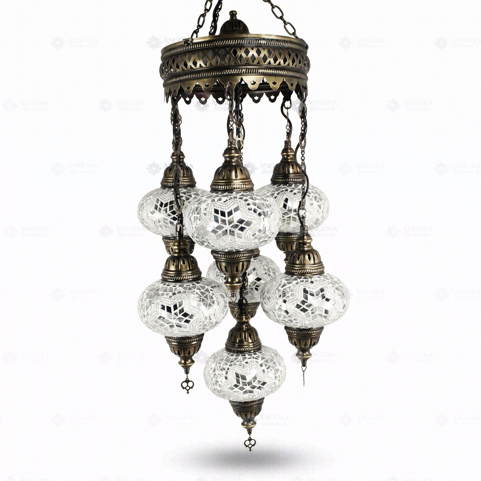 Full view of handmade White white glow Turkish mosaic chandelier on white background (ENV SLT7N3 (3015))