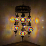 Multicolor Turkish mosaic chandelier illuminated, showing colorful light projection (ENV SLT7N3 (3018))
