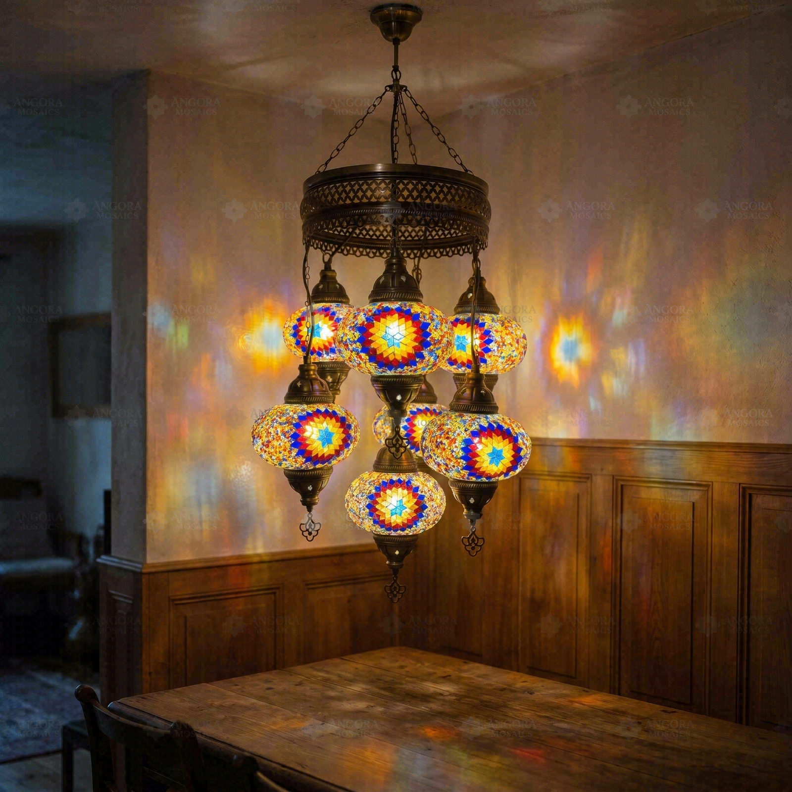 Multicolor multicolor jewel Turkish mosaic chandelier in styled room — handmade Moroccan chandelier (ENV SLT7N3 (3018))