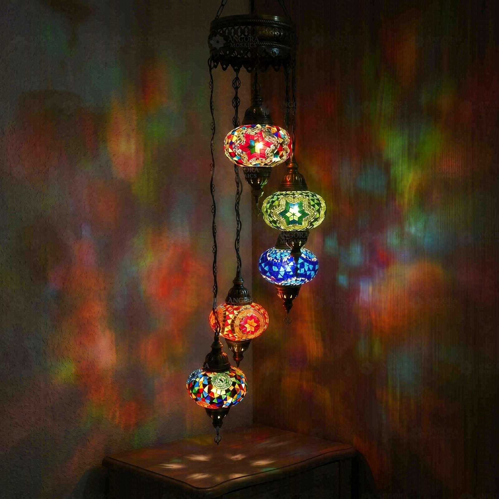 Multicolor multicolor jewel Turkish mosaic chandelier in styled room — handmade Moroccan chandelier (HLZ5N3 (01-03-05-17-56))