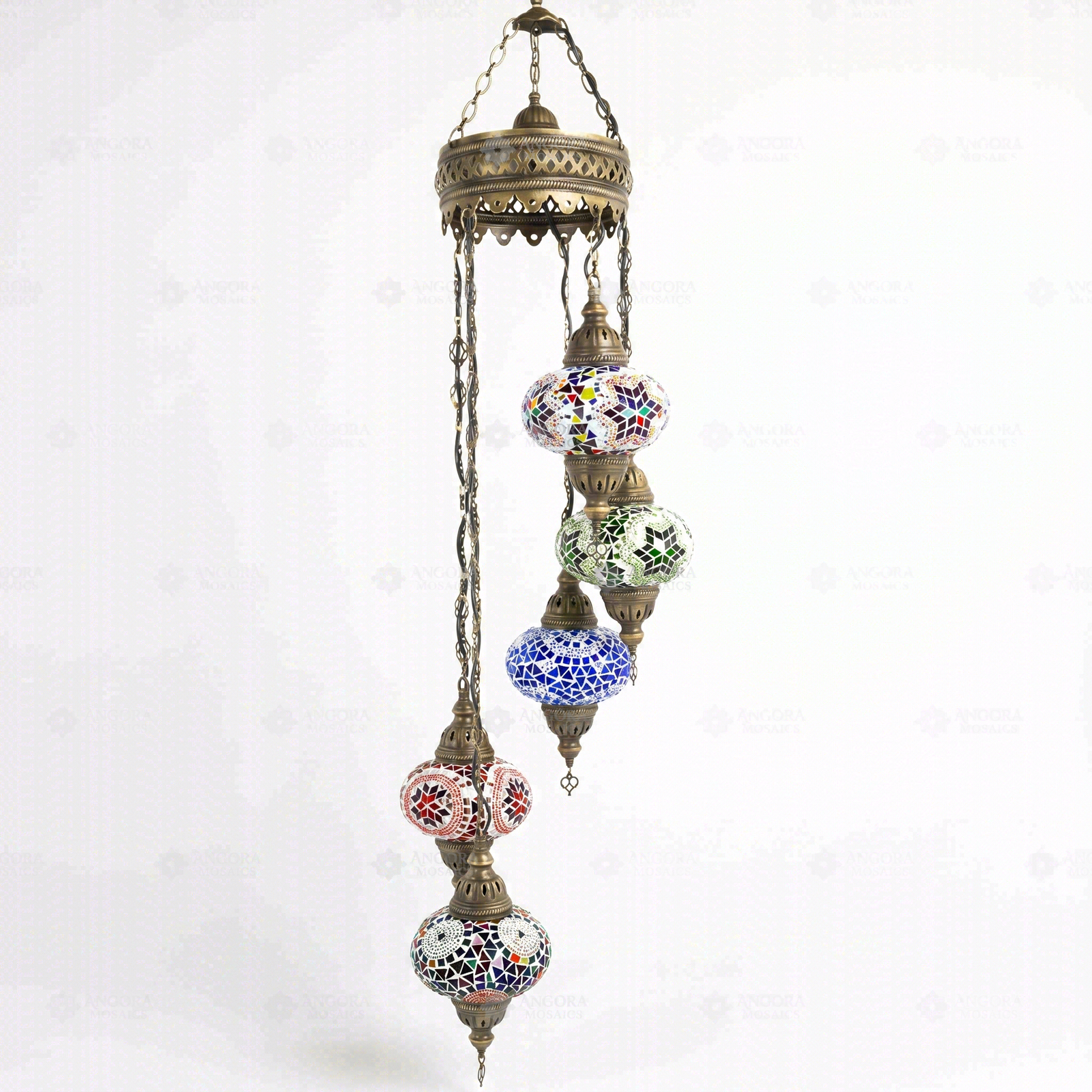 Full view of handmade Multicolor multicolor jewel Turkish mosaic chandelier on white background (HLZ5N3 (01-03-05-17-56))