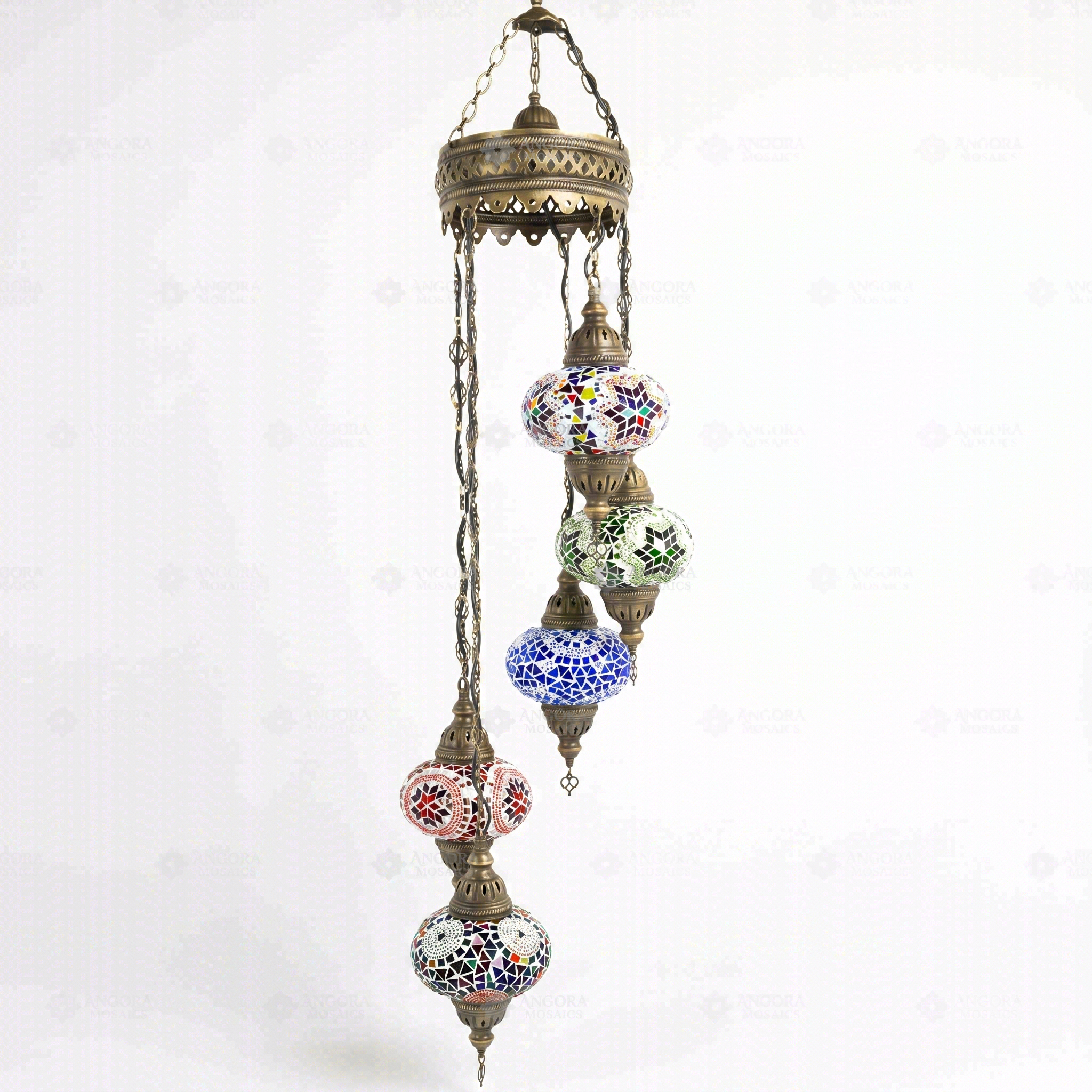 Full view of handmade Multicolor multicolor jewel Turkish mosaic chandelier on white background (HLZ5N3 (01-03-05-17-56))