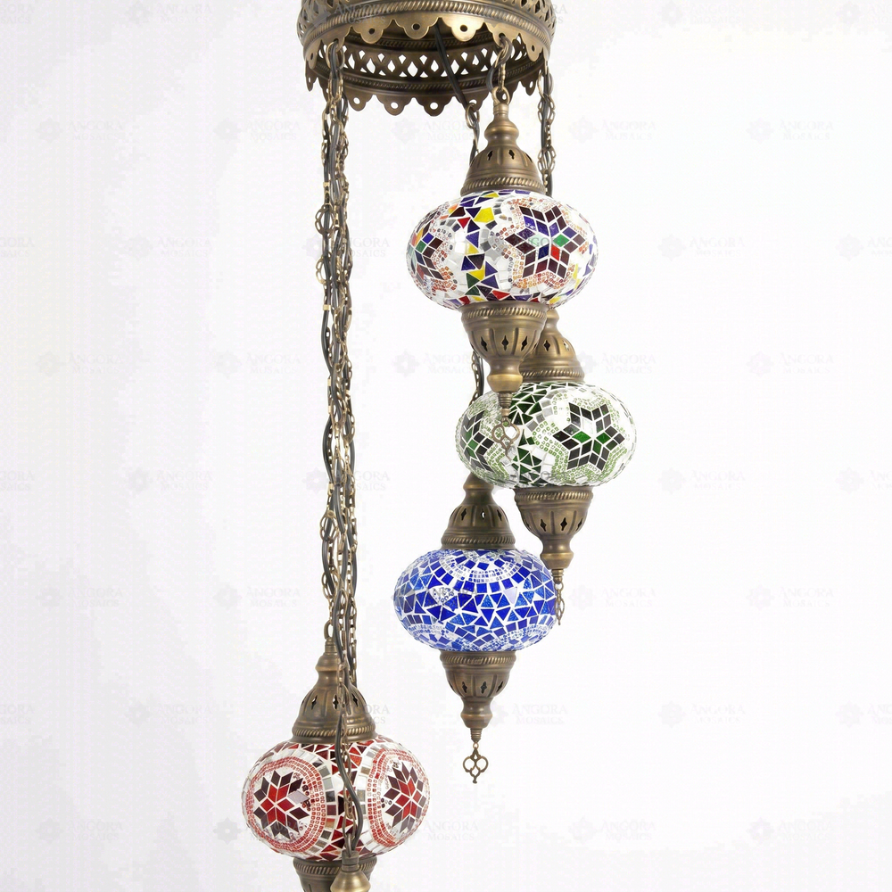 Multicolor 5-Globe Spiral Chandelier, close-up of the mosaic glass