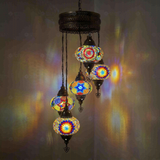 Multicolor Turkish mosaic chandelier illuminated, showing colorful light projection (HLZ5N3 (18-18-21-61-93))