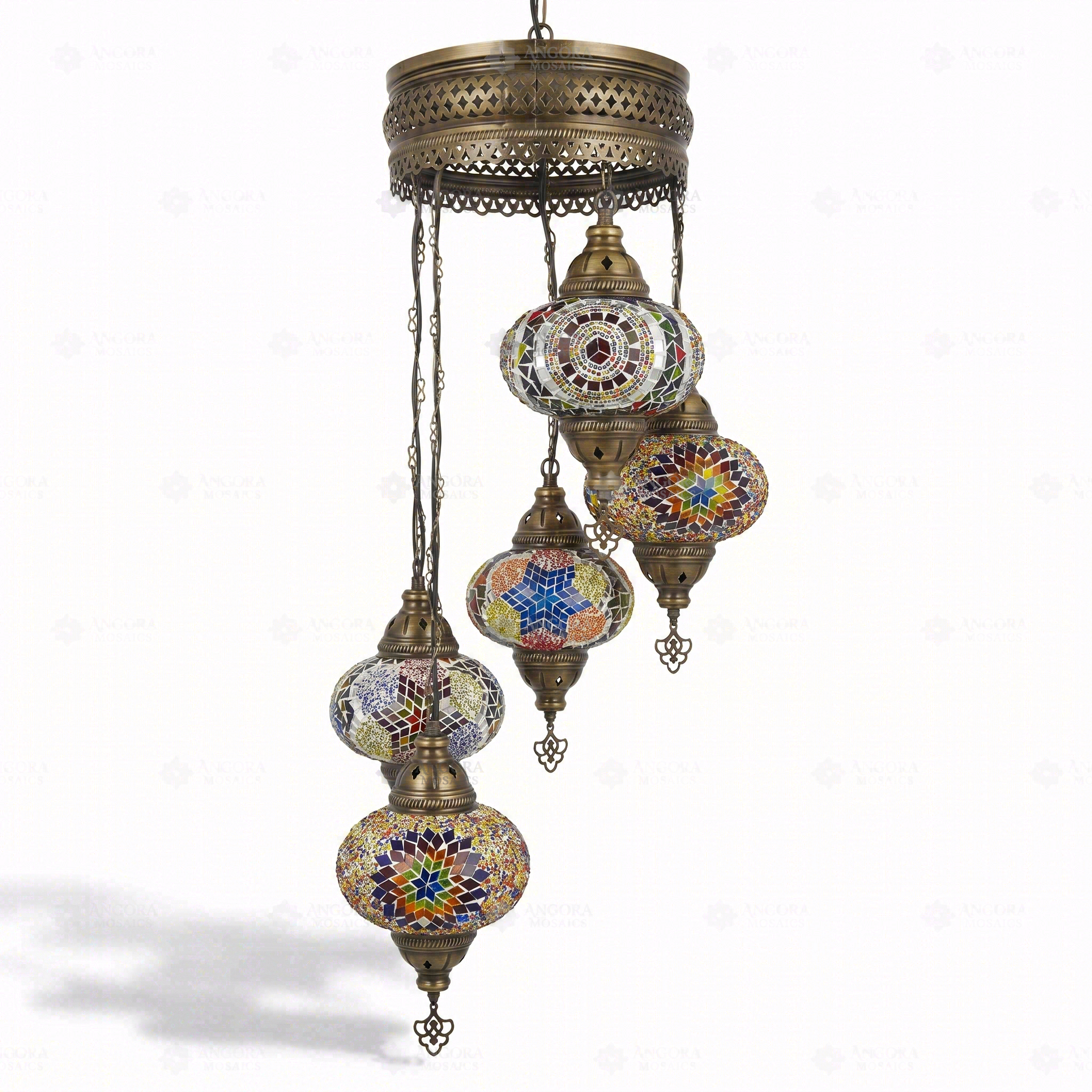 Full view of handmade Multicolor multicolor jewel Turkish mosaic chandelier on white background (HLZ5N3 (18-18-21-61-93))
