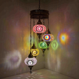 Multicolor Turkish mosaic chandelier illuminated, showing colorful light projection (HLZ5N3 (18-20-26-44-48))