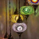 Lit close-up of mosaic glass globe — Multicolor chandelier glowing (HLZ5N3 (18-20-26-44-48))