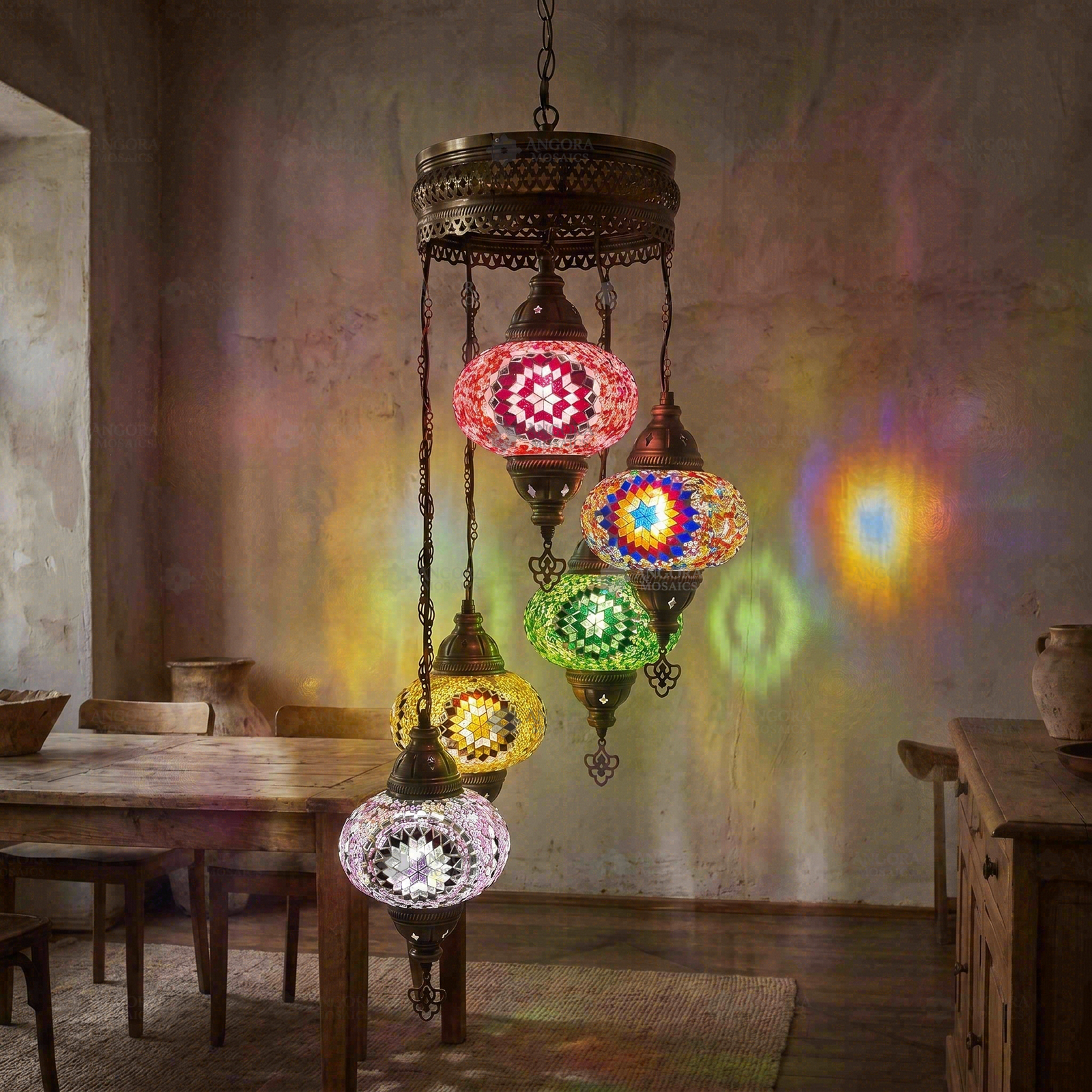 Multicolor multicolor jewel Turkish mosaic chandelier in styled room — handmade Moroccan chandelier (HLZ5N3 (18-20-26-44-48))