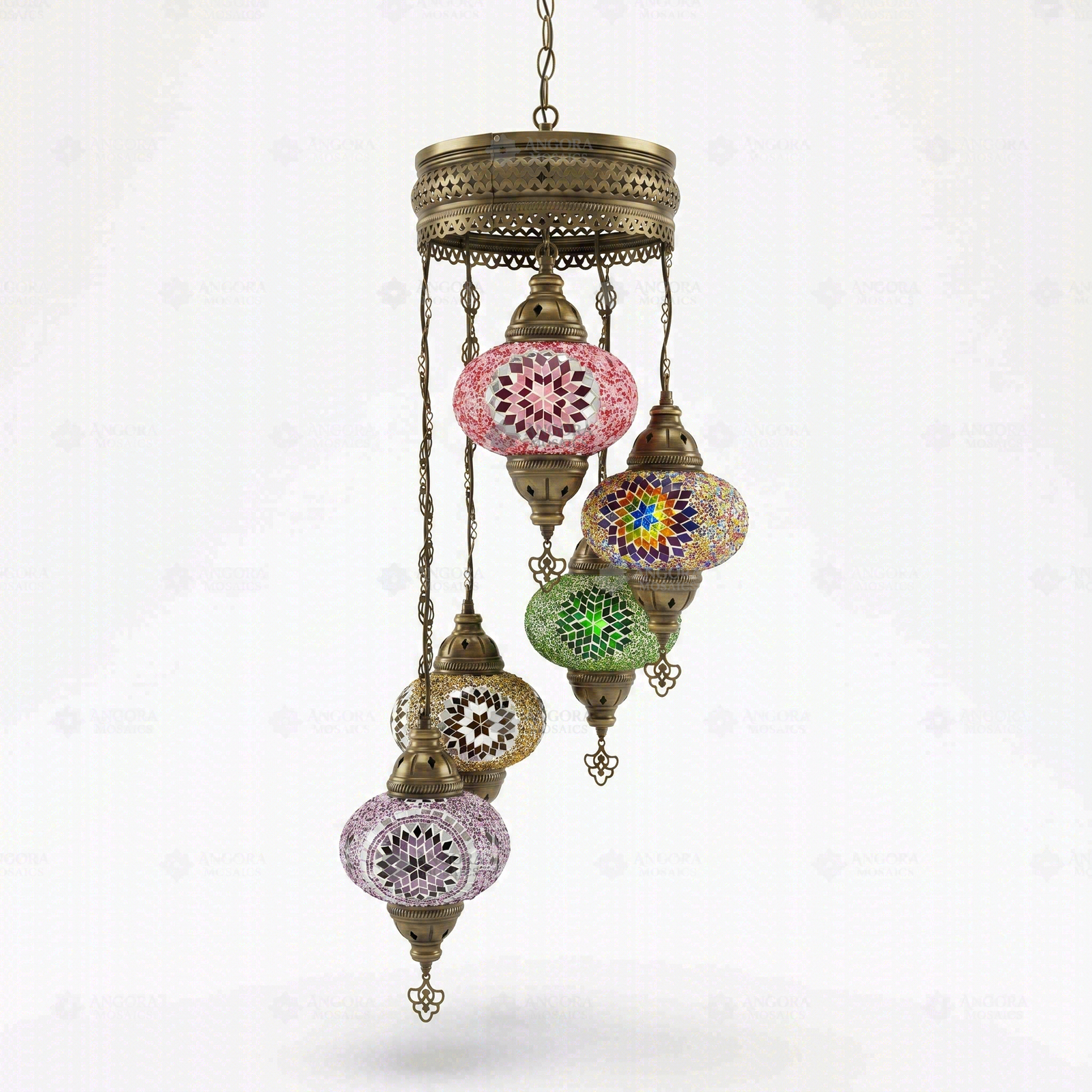 Full view of handmade Multicolor multicolor jewel Turkish mosaic chandelier on white background (HLZ5N3 (18-20-26-44-48))