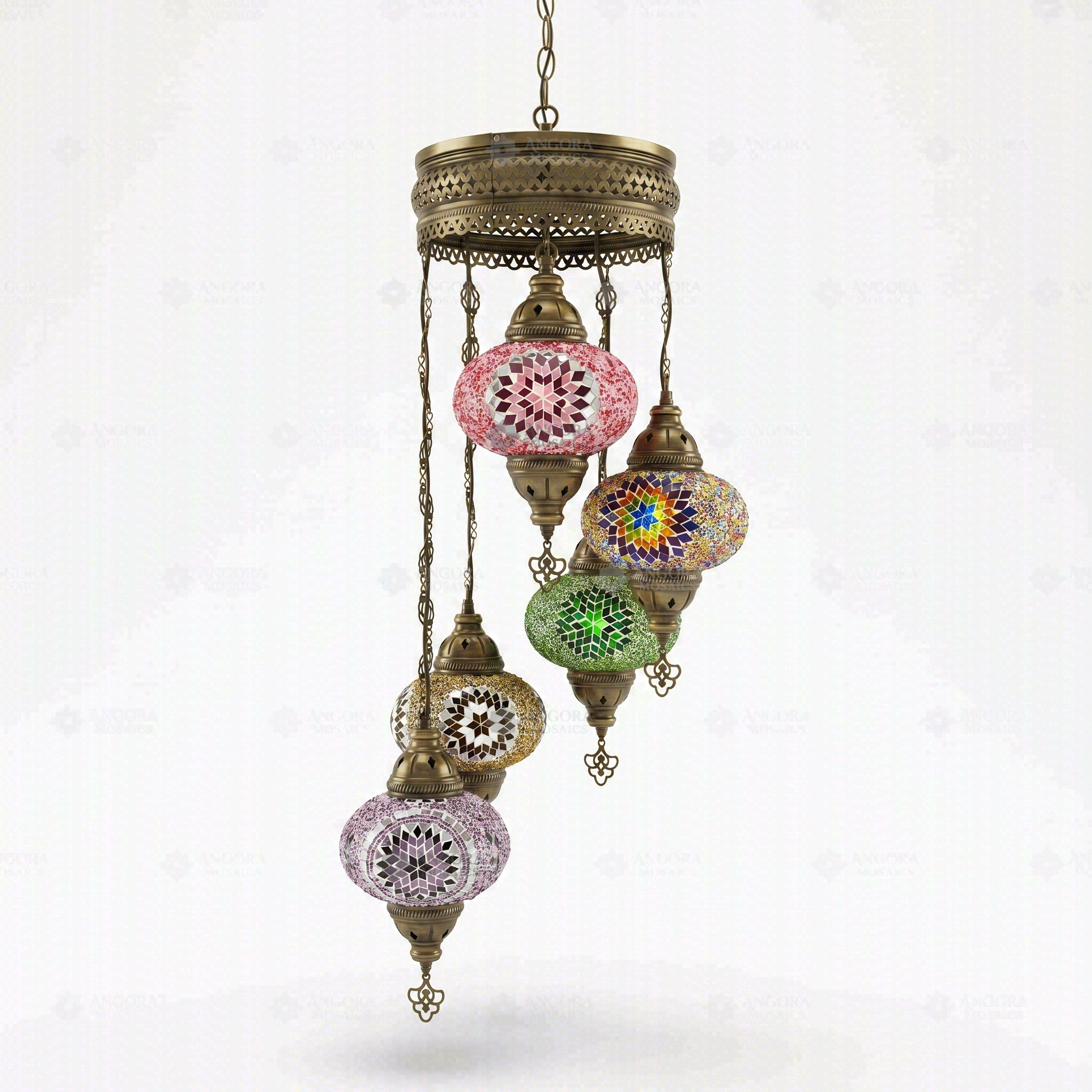 Full view of handmade Multicolor multicolor jewel Turkish mosaic chandelier on white background (HLZ5N3 (18-20-26-44-48))
